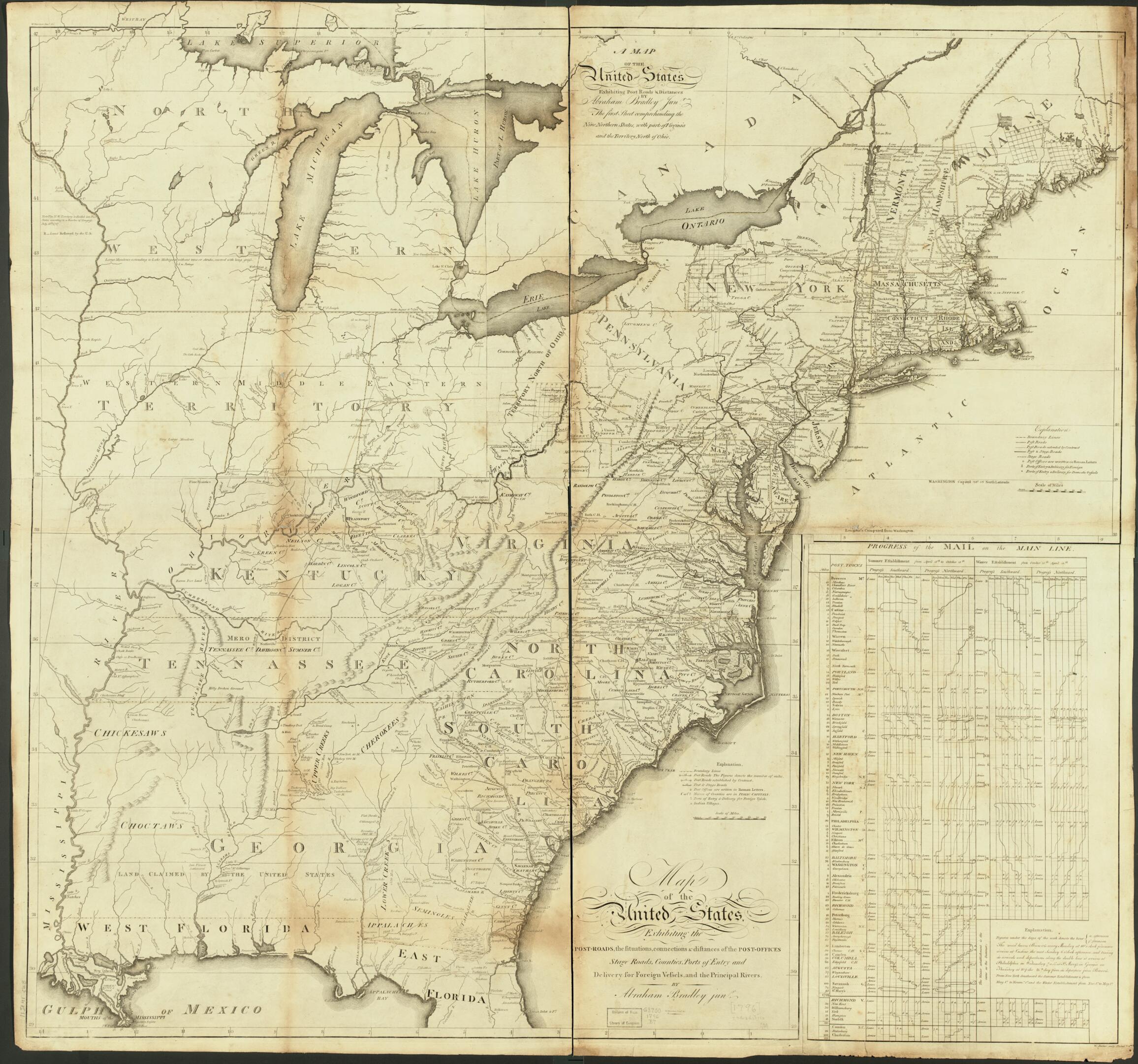 This old map of A Map of the United States Exhibiting Post Roads &amp; Distances : the First Sheet Comprehending the Nine Northern States, With Parts of Virginia and the Territory North of Ohio (roads, the Situations, Connections &amp; Distances of the Post-offi