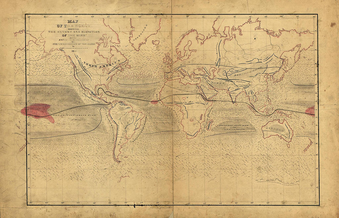 This old map of Map of the World Shewing the Extent and Direction of the Wind and the Route to Be Followed In a Circumnavigation of the Globe from 1856 was created by Charles Wilkes in 1856