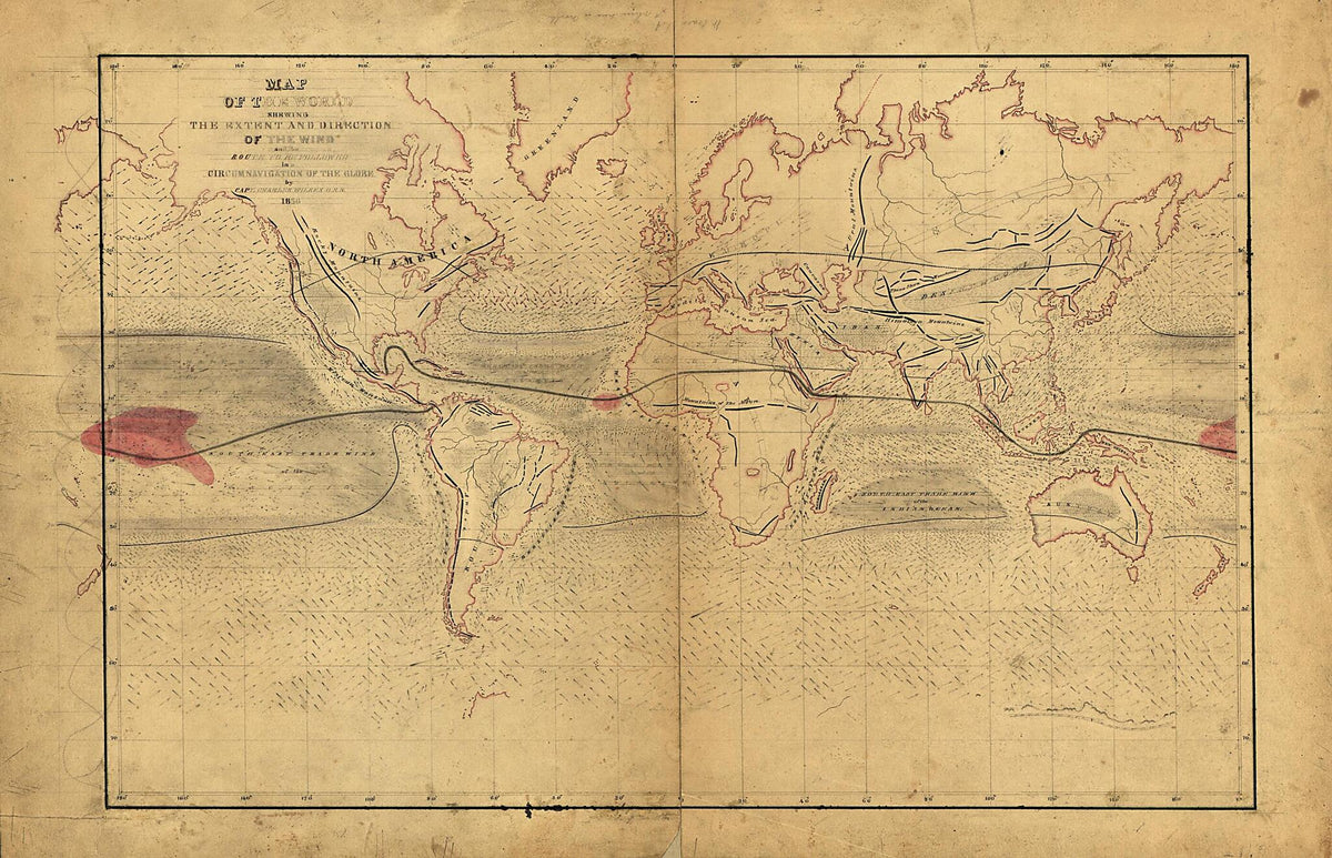 Map of the World Shewing the Extent and Direction of the Wind and the Route to Be Followed In a Circumnavigation of the Globe 1856 by Relic Map Company