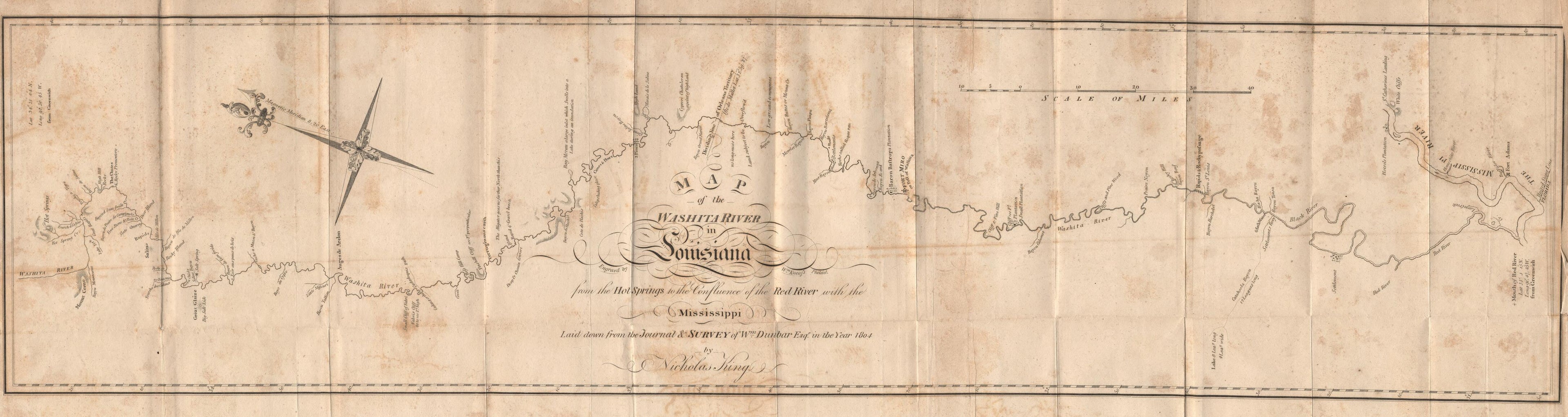 This old map of Map of the Washita River In Louisiana from the Hot Springs to the Confluence of the Red River With the Mississippi from 1804 was created by N. (Nicholas) King in 1804