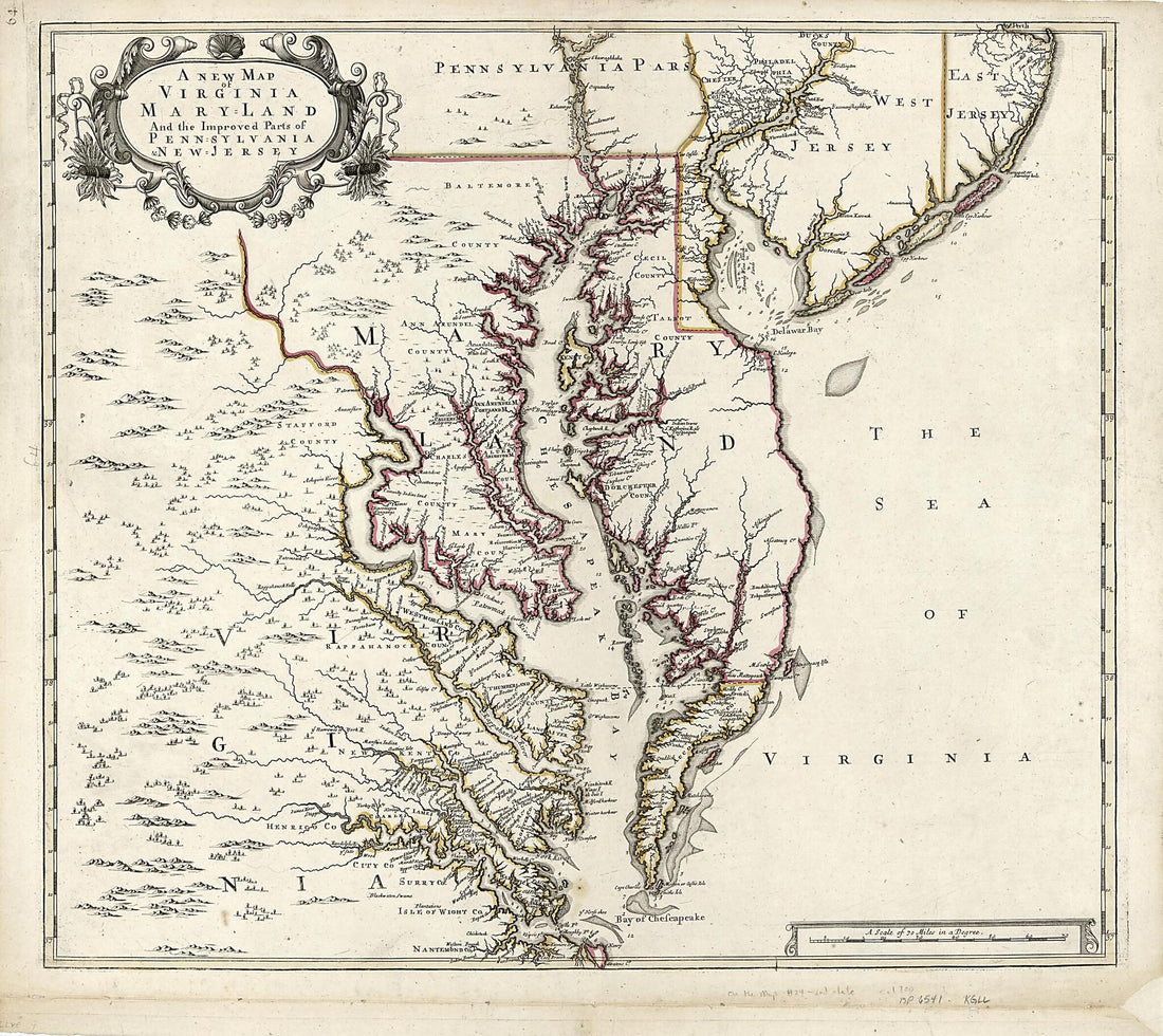 This old map of A New Map of Virginia, Maryland, and the Improved Parts of Pennsylvania &amp; New Jersey from 1700 was created by Christopher Browne in 1700