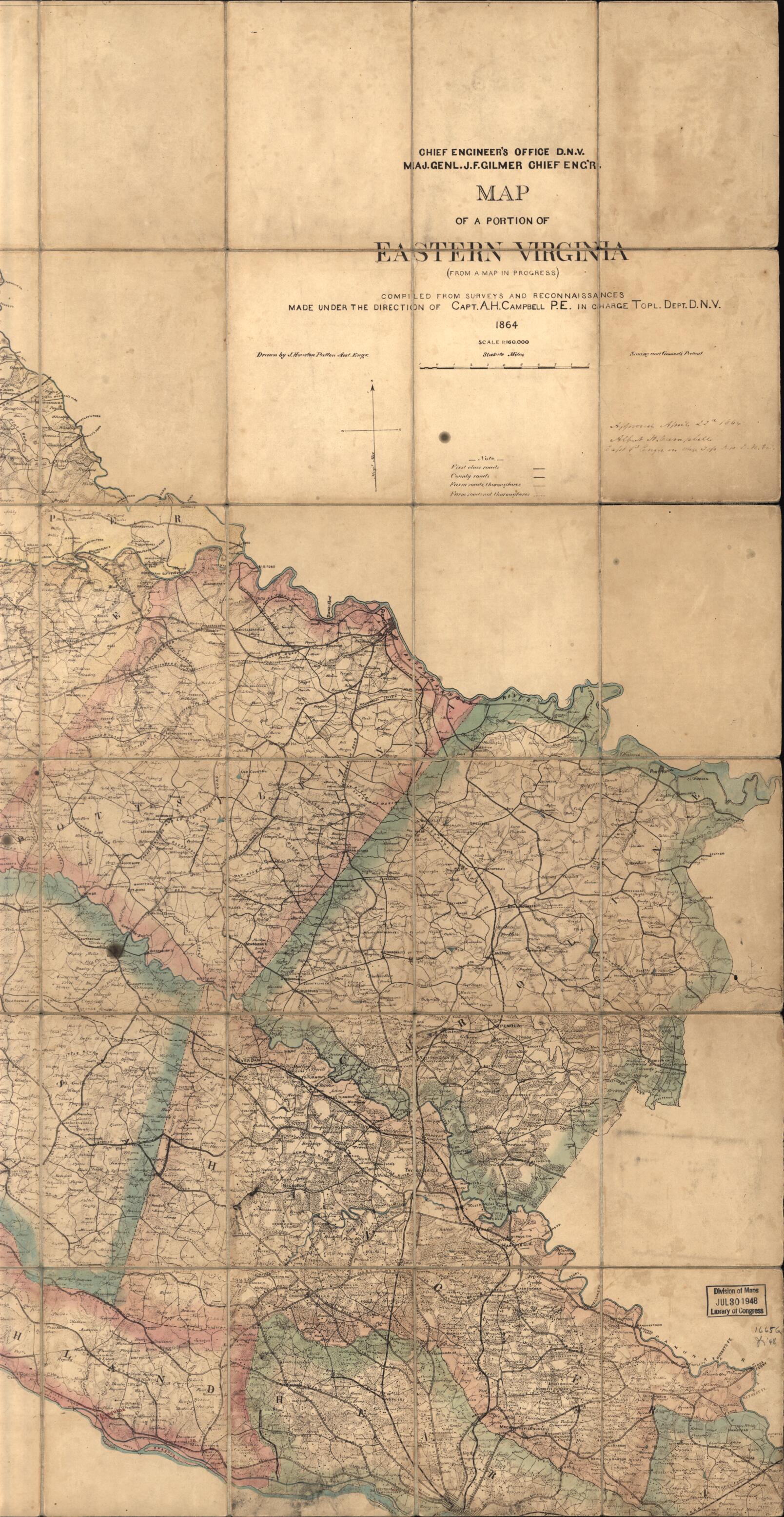 This old map of Map of a Portion of Eastern Virginia, from a Map In Progress from 1864 was created by Albert H. (Albert Henry) Campbell,  Confederate States of America. Army. Department of Northern Virginia. Chief Engineer&