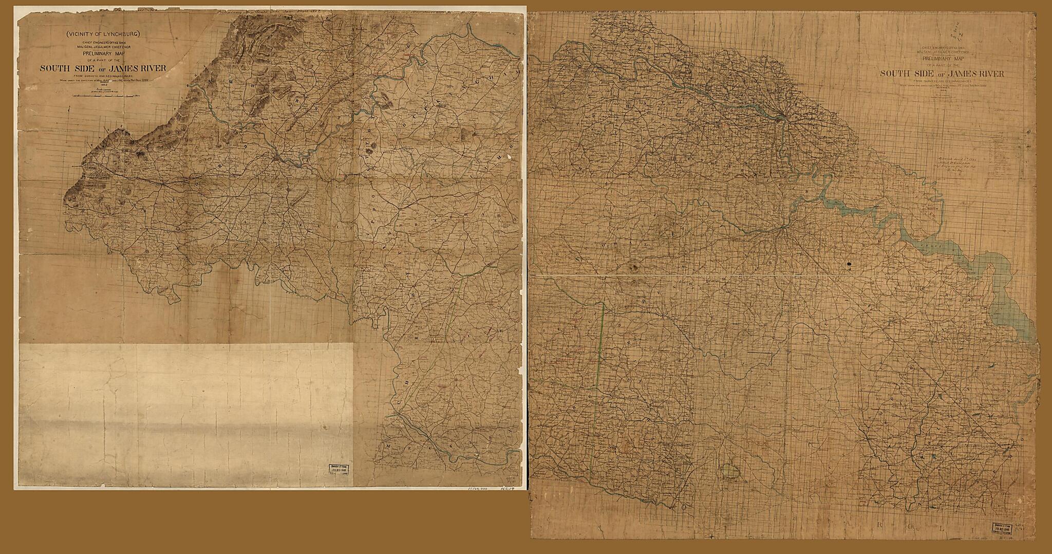 This old map of Preliminary Map of a Part of the South Side of James River : from Surveys and Reconnaissances from 1864 was created by Albert H. (Albert Henry) Campbell,  Confederate States of America. Army. Department of Northern Virginia. Chief Enginee