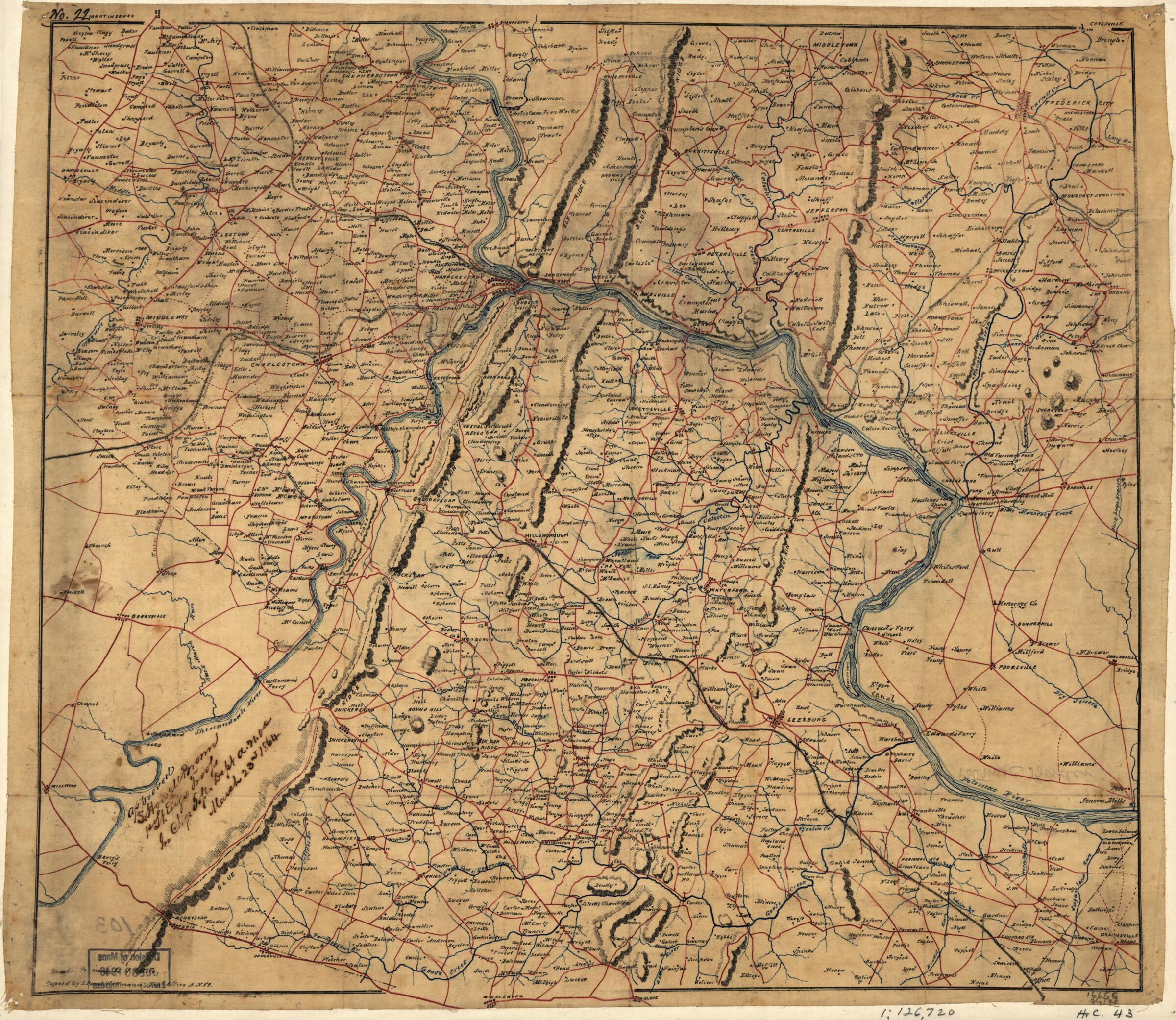 This old map of Map of Loudoun County and Part of Clarke County, Va., Jefferson County and Part of Berkeley County, W. Va., and Parts of Montgomery and Frederick Counties, Md. from 1864 was created by Samuel Howell Brown, Paul Hoffmann in 1864