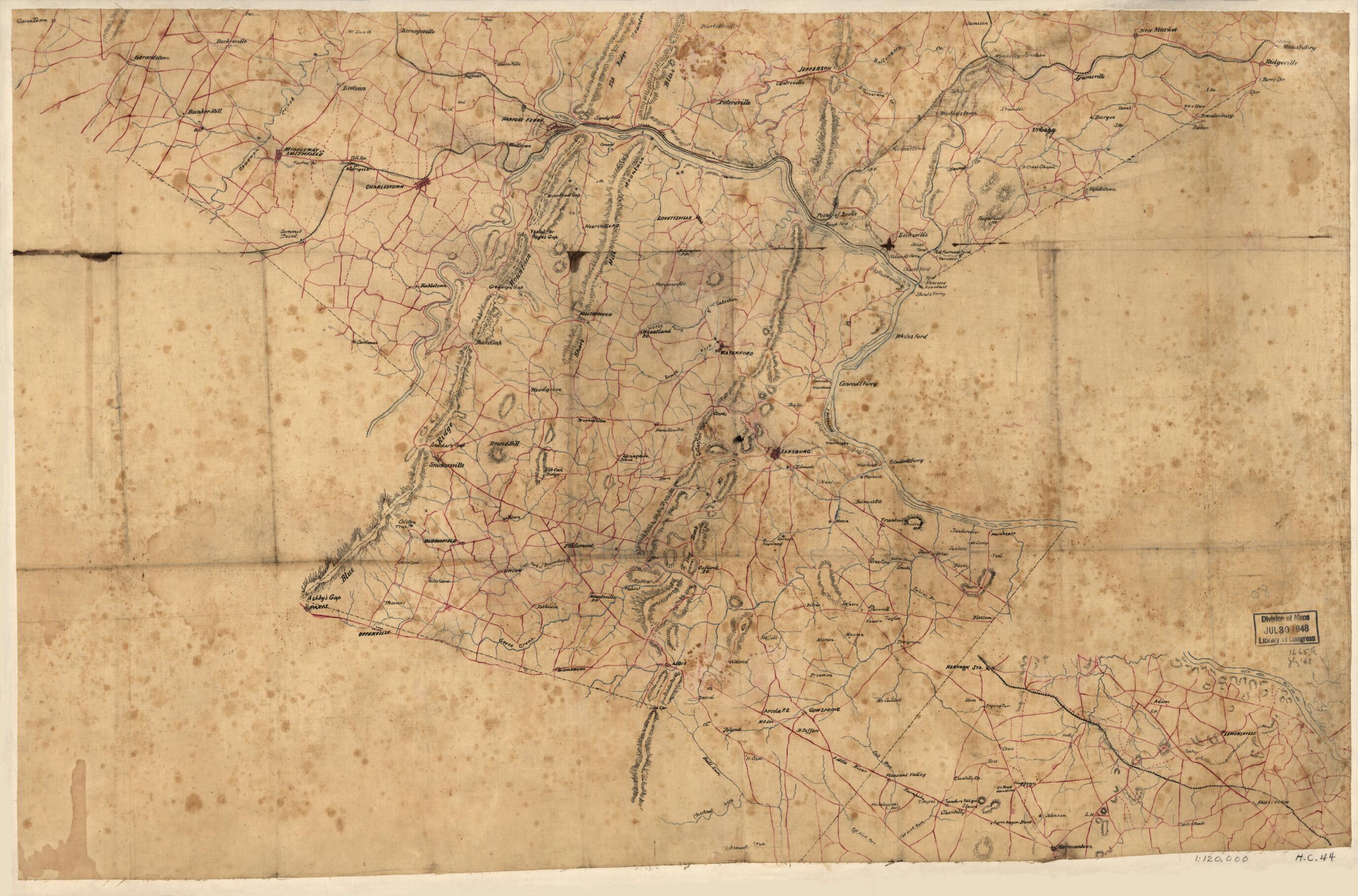 This old map of Map of Loudoun County, Va., and Parts of Fairfax County, Va., Jefferson County, W.Va., and Washington and Frederick Counties, Md. from 1860 was created by  in 1860