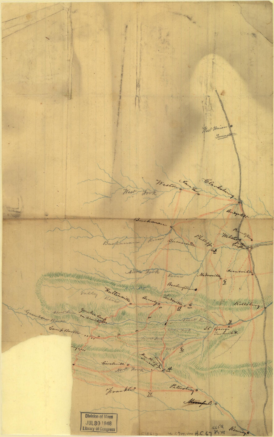 This old map of Map of Part of Eastern West Virginia, Extending from Romney Westward to Clarksburg, Centering On the Rich Mountain Battle Area from 1861 was created by  in 1861