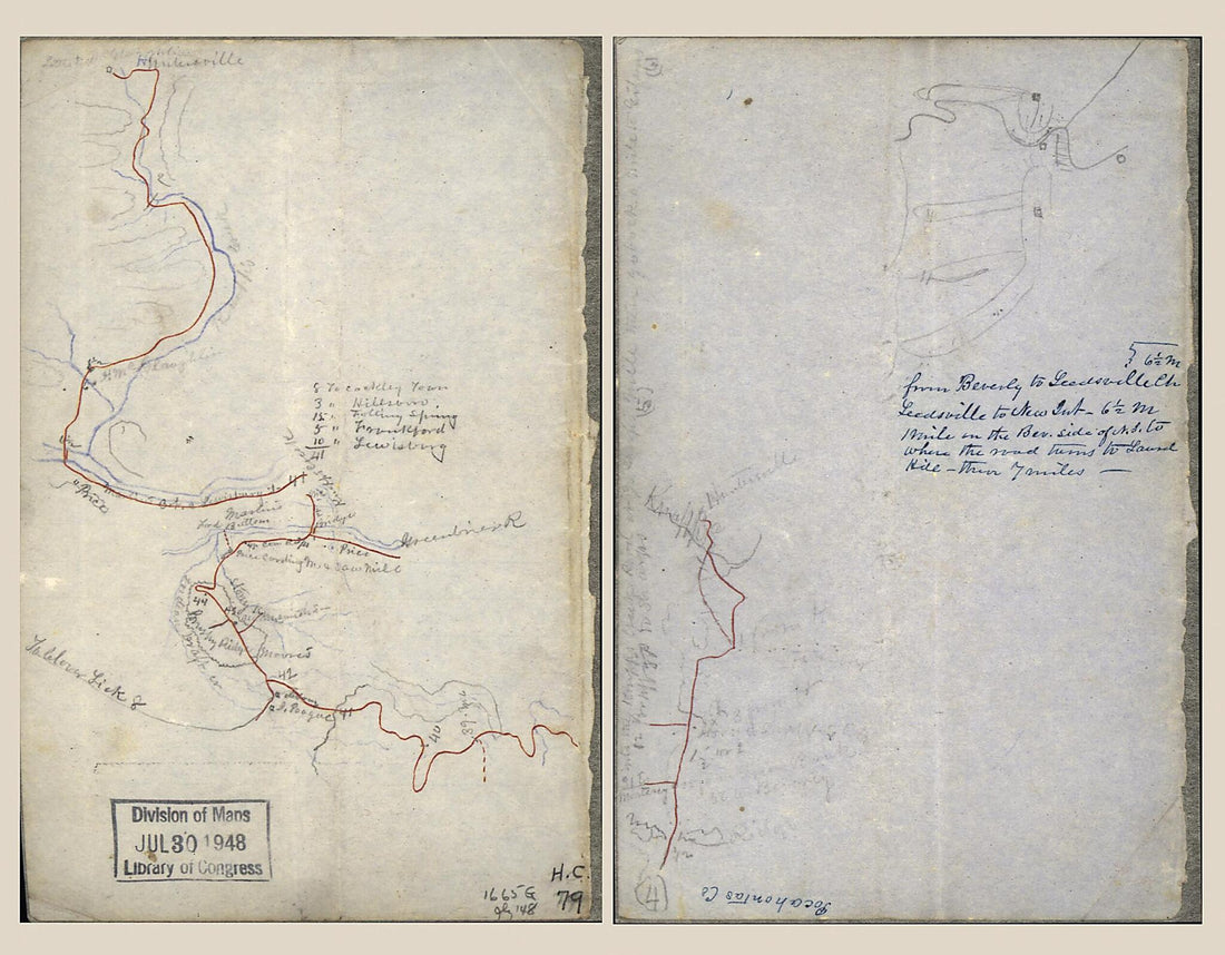 This old map of Two Sketches On One Sheet of the Road from Huntersville, W. Va. Along Knap Creek to the Greenbrier River, and from the Greenbrier River Across Brushy Ridge from 1861 was created by  in 1861