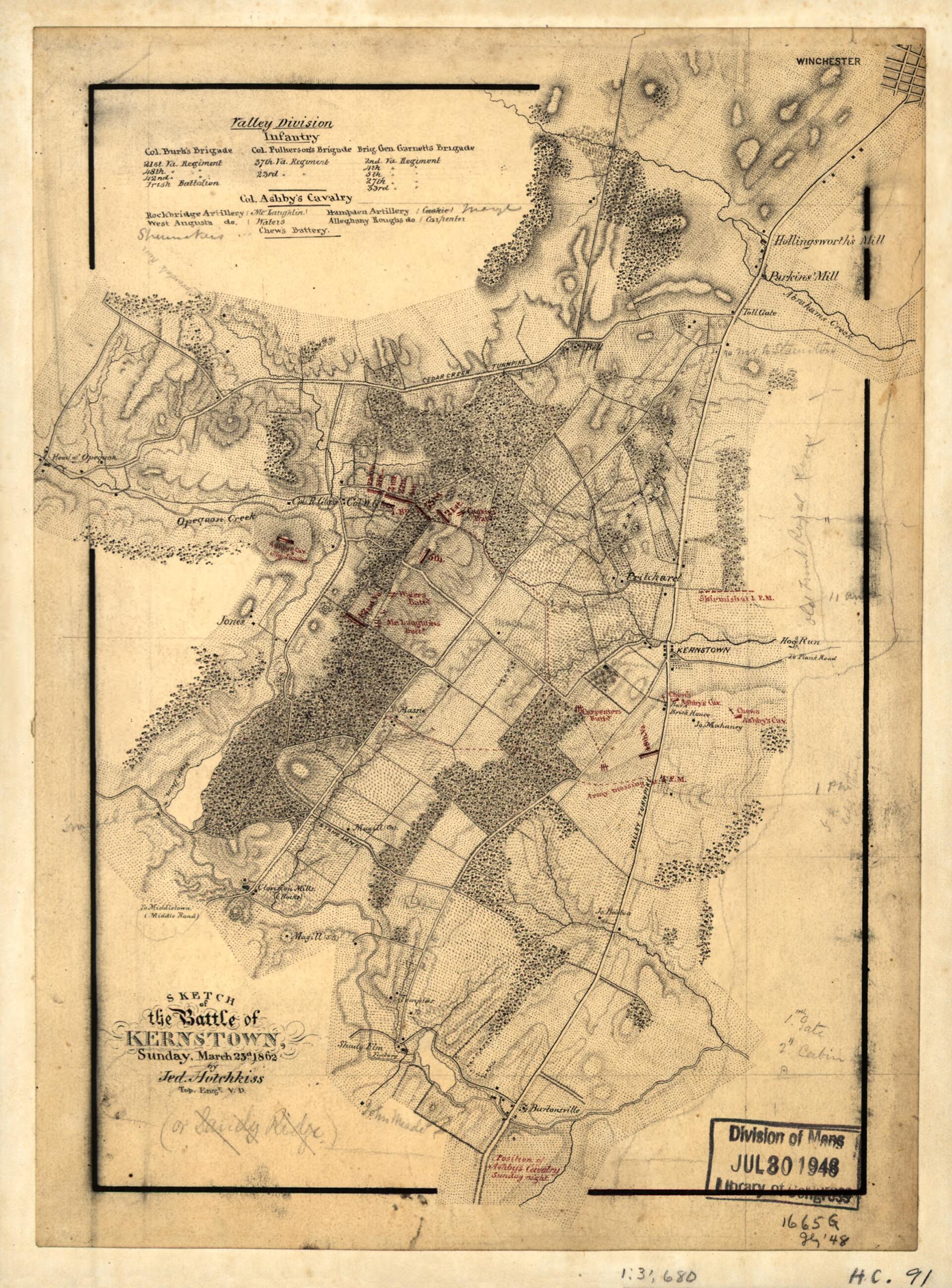This old map of Sketch of the Battle of Kernstown, Sunday, March 23d 1862 from 1861 was created by Jedediah Hotchkiss in 1861