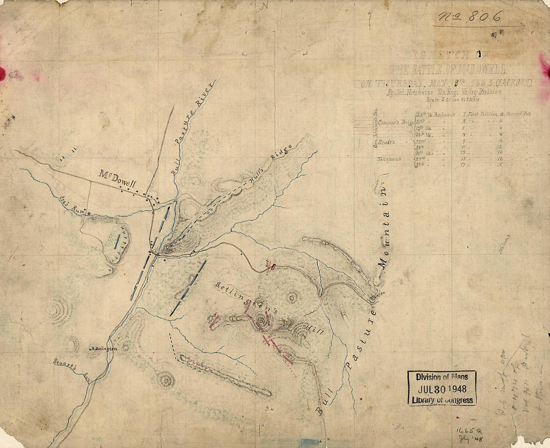 This old map of Sketch of the Battle of McDowell On Thursday, May 8th, from 1862 (Jackson) was created by Jedediah Hotchkiss in 1862