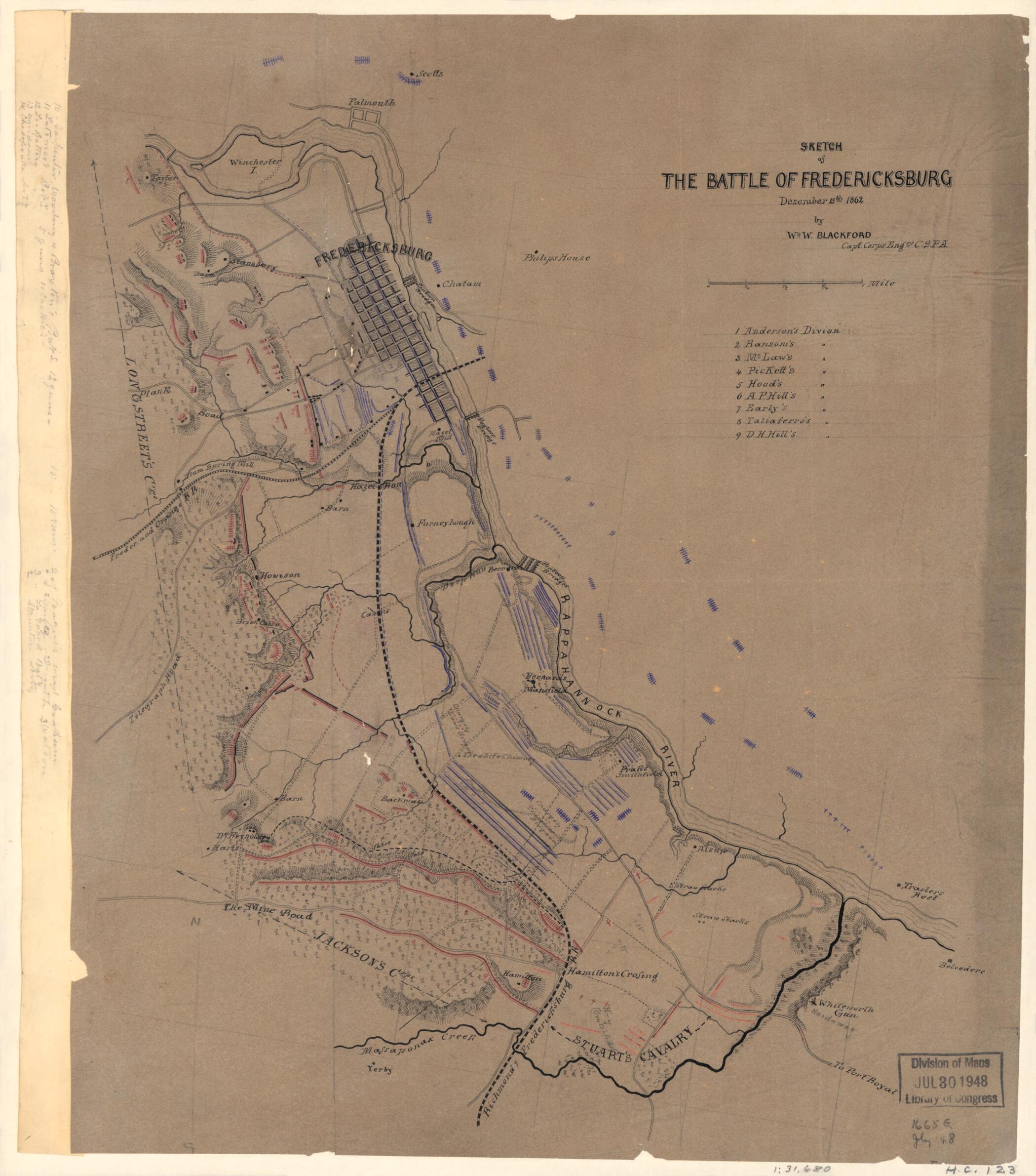 This old map of Sketch of the Battle of Fredericksburg, Dezember i.e. December 13th, from 1862 was created by W. W. (William Willis) Blackford in 1862