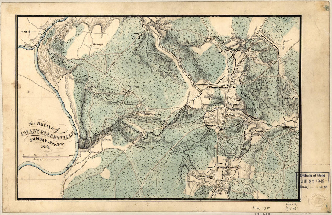 This old map of The Battle of Chancellorsville Sunday, May 3rd, from 1863 was created by S. B. Robinson in 1863