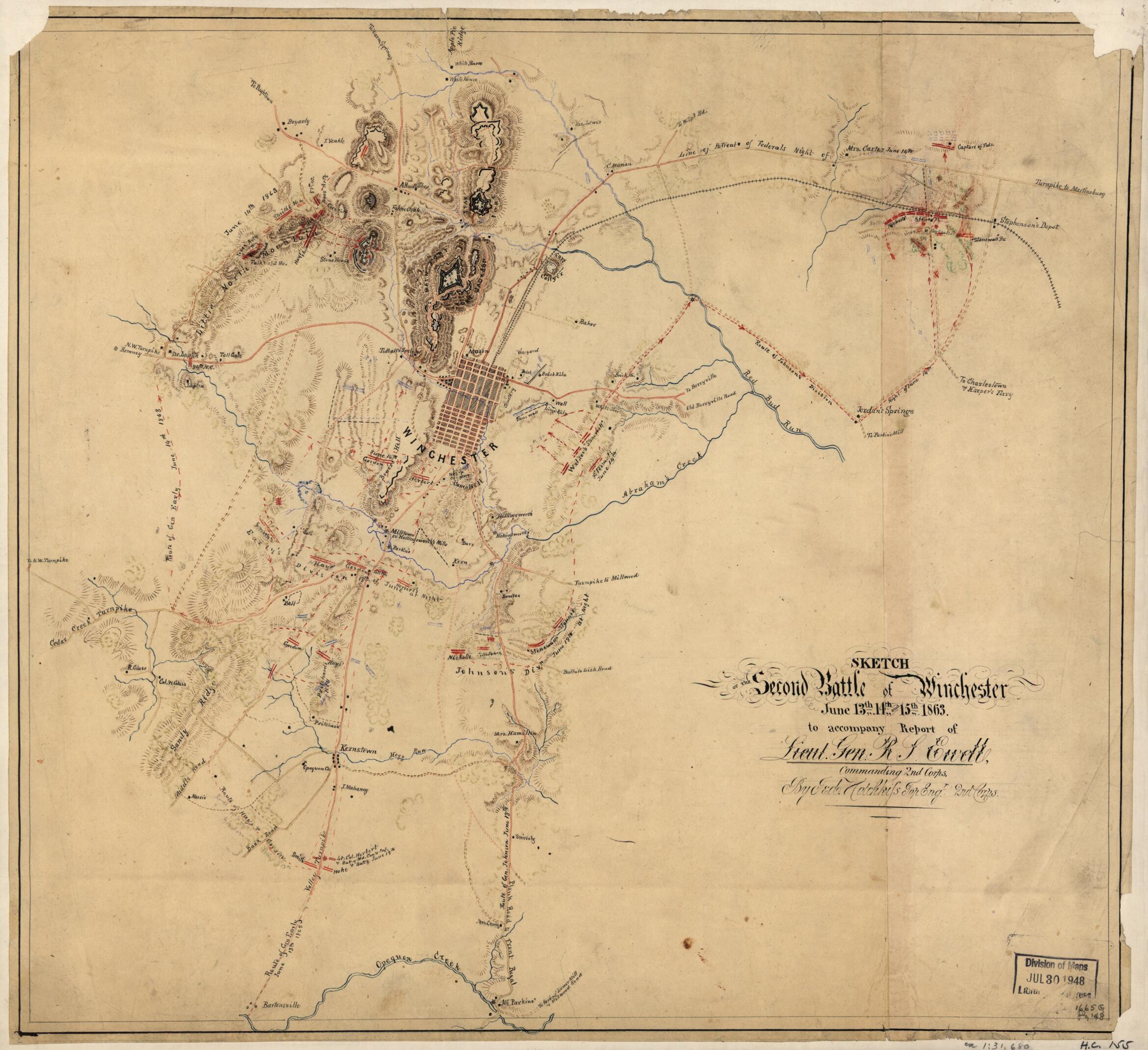 This old map of Sketch of the Second Battle of Winchester, June 13th, 14th, and 15th, from 1863 was created by Jedediah Hotchkiss in 1863