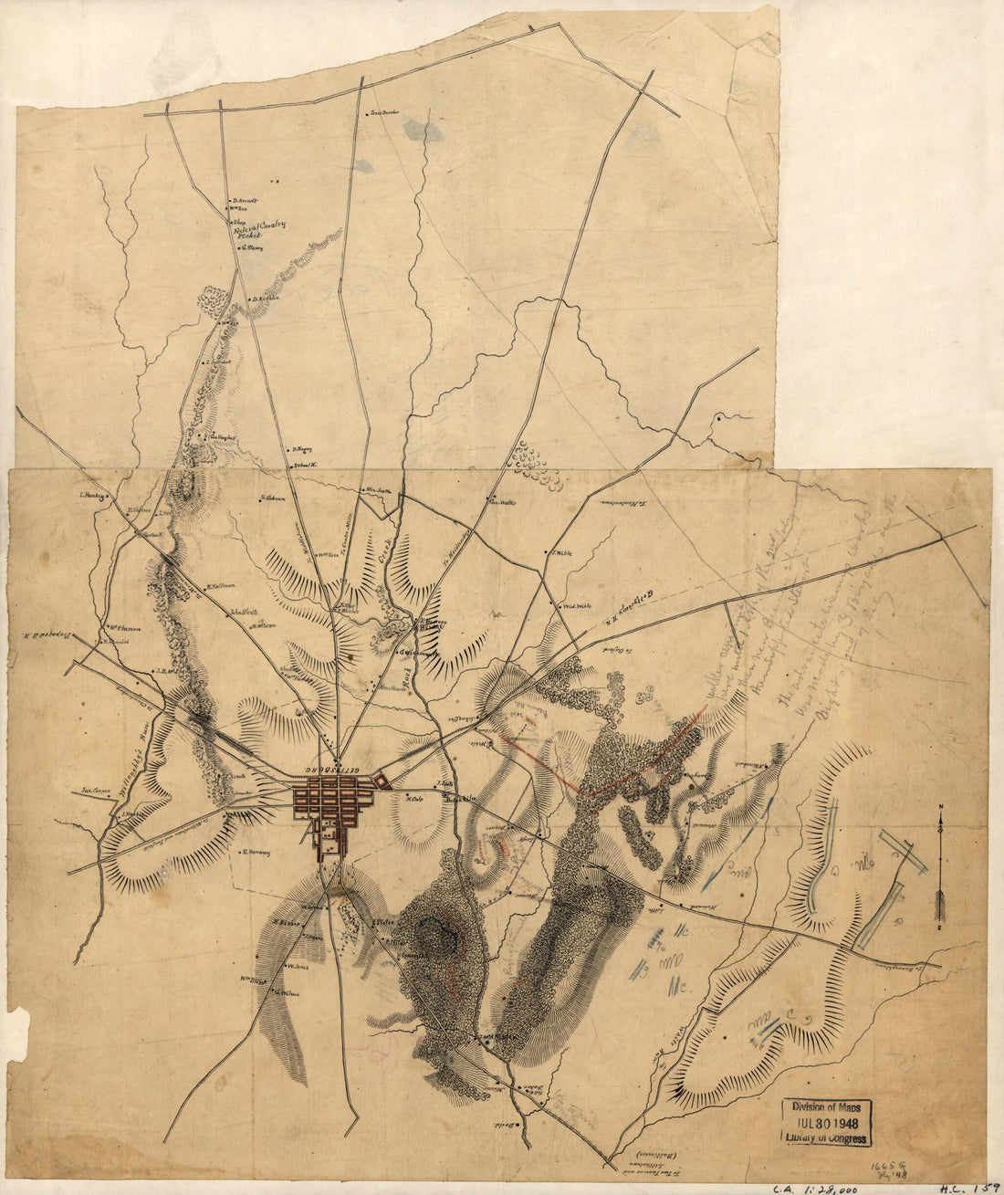 This old map of Preliminary Sketch of the Battle of Gettysburg Showing Troop Positions, July 2, from 1863 was created by  in 1863