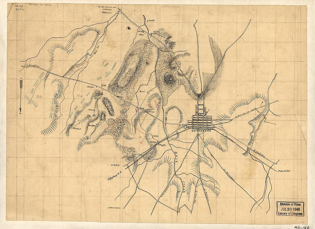 This old map of Preliminary Sketch of the Battle of Gettysburg Showing Troop Positions, July 2, from 1863 was created by  in 1863