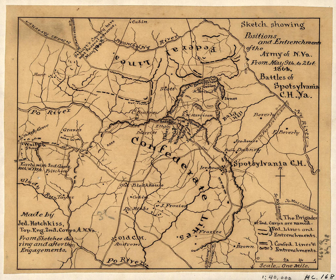 This old map of Sketch Showing Positions and Entrenchments of the Army of N. Va. from May 9th to 21st from 1864, Battles of Spotsylvania C.H., Va was created by Jedediah Hotchkiss in 1864