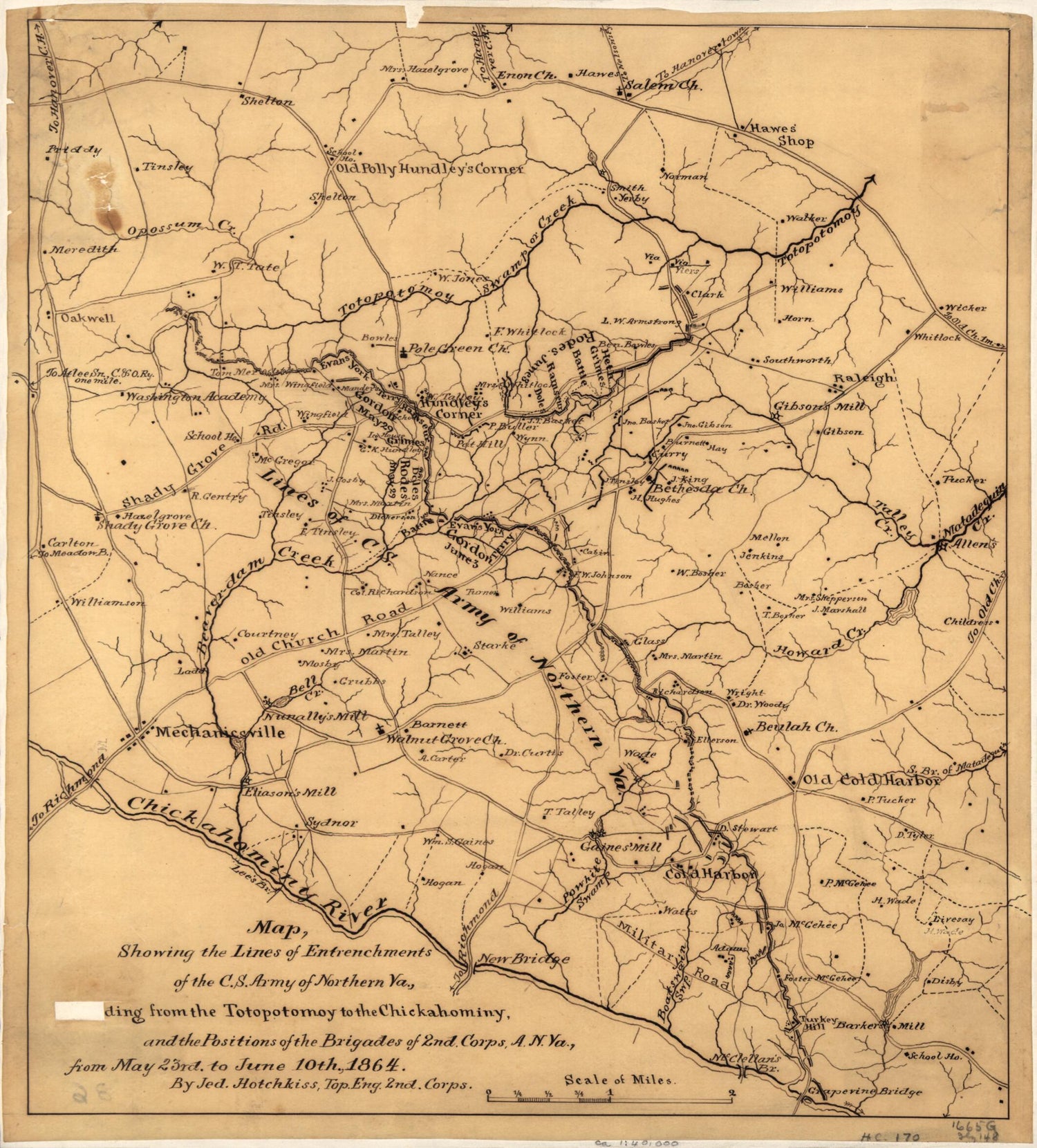 This old map of Map Showing the Lines of Entrenchments of the C.S. Army of Northern Va., extending from the Totopotomoy to the Chickahominy, and the Positions of the Brigades of the 2nd Corps, A.N. Va., from May 23rd to June 10, from 1864 was created by 