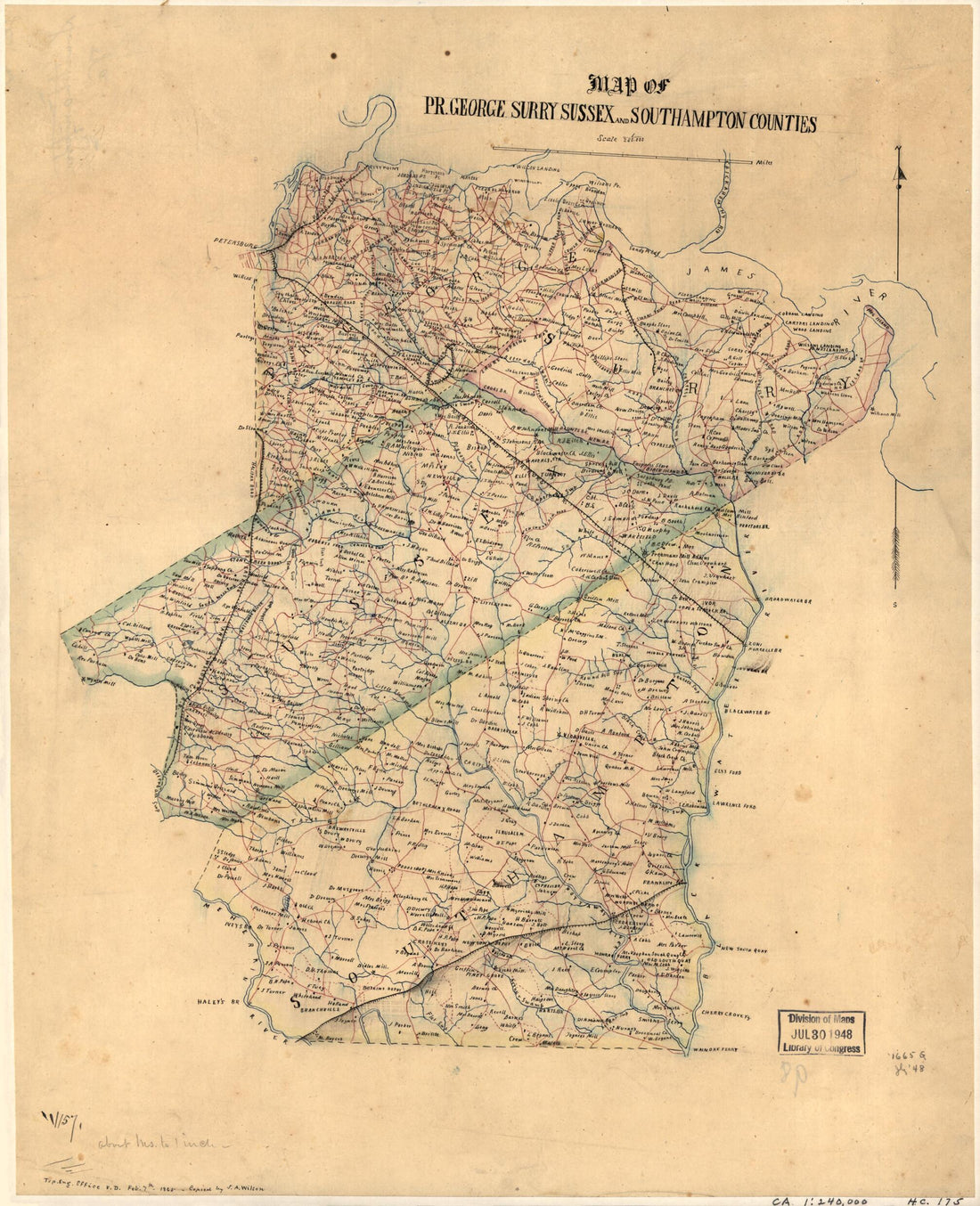 This old map of Map of Pr. George, Surry, Sussex, and Southampton Counties (Map of Prince George, Surry, Sussex, and Southampton Counties) from 1865 was created by J. A. Wilson in 1865