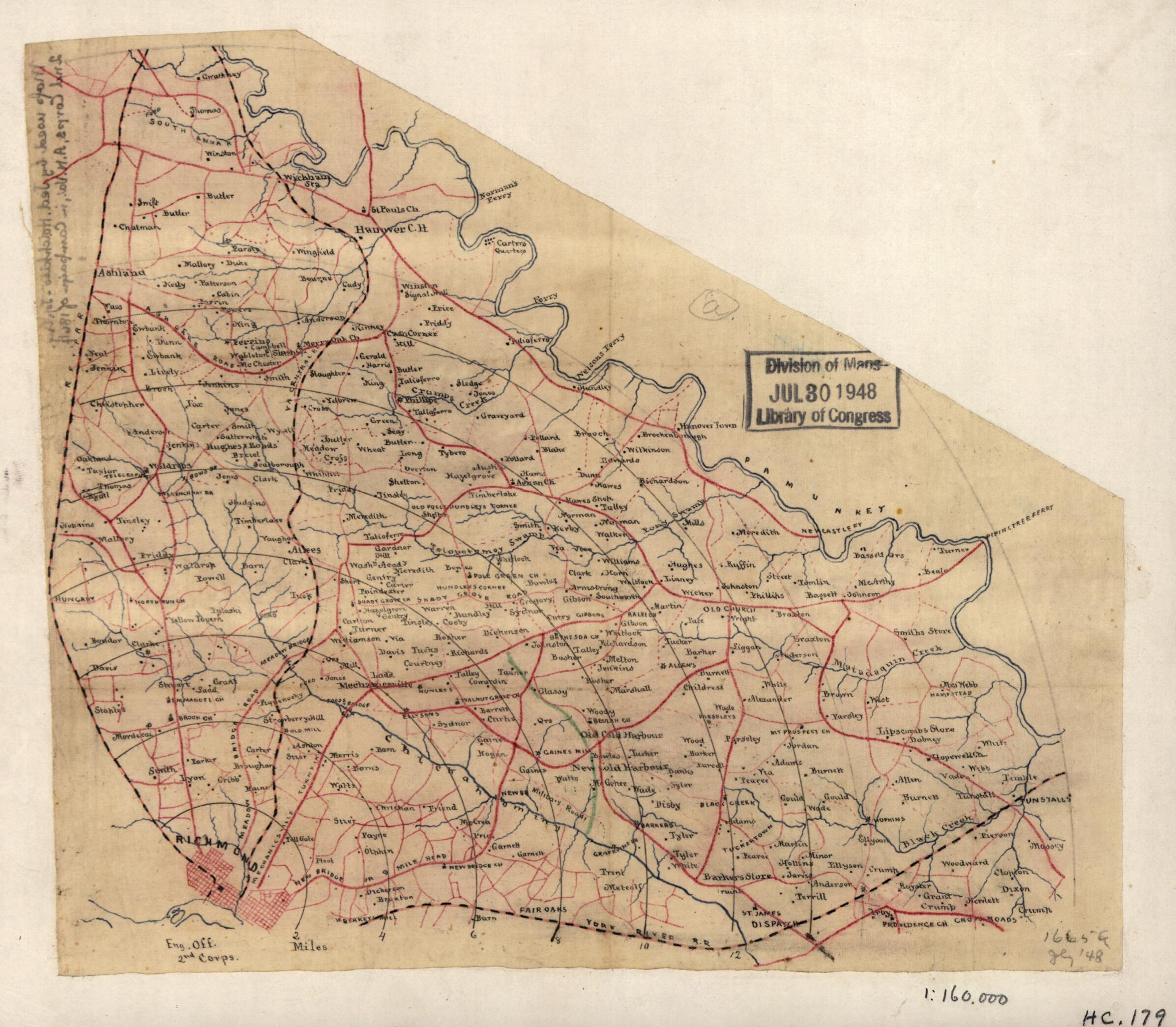 This old map of Map Used by Jed. Hotchkiss, Top. Eng., 2d Corps, A.N. Va., In Campaign of from 1864 : Richmond, Virginia Region was created by Jedediah Hotchkiss in 1864