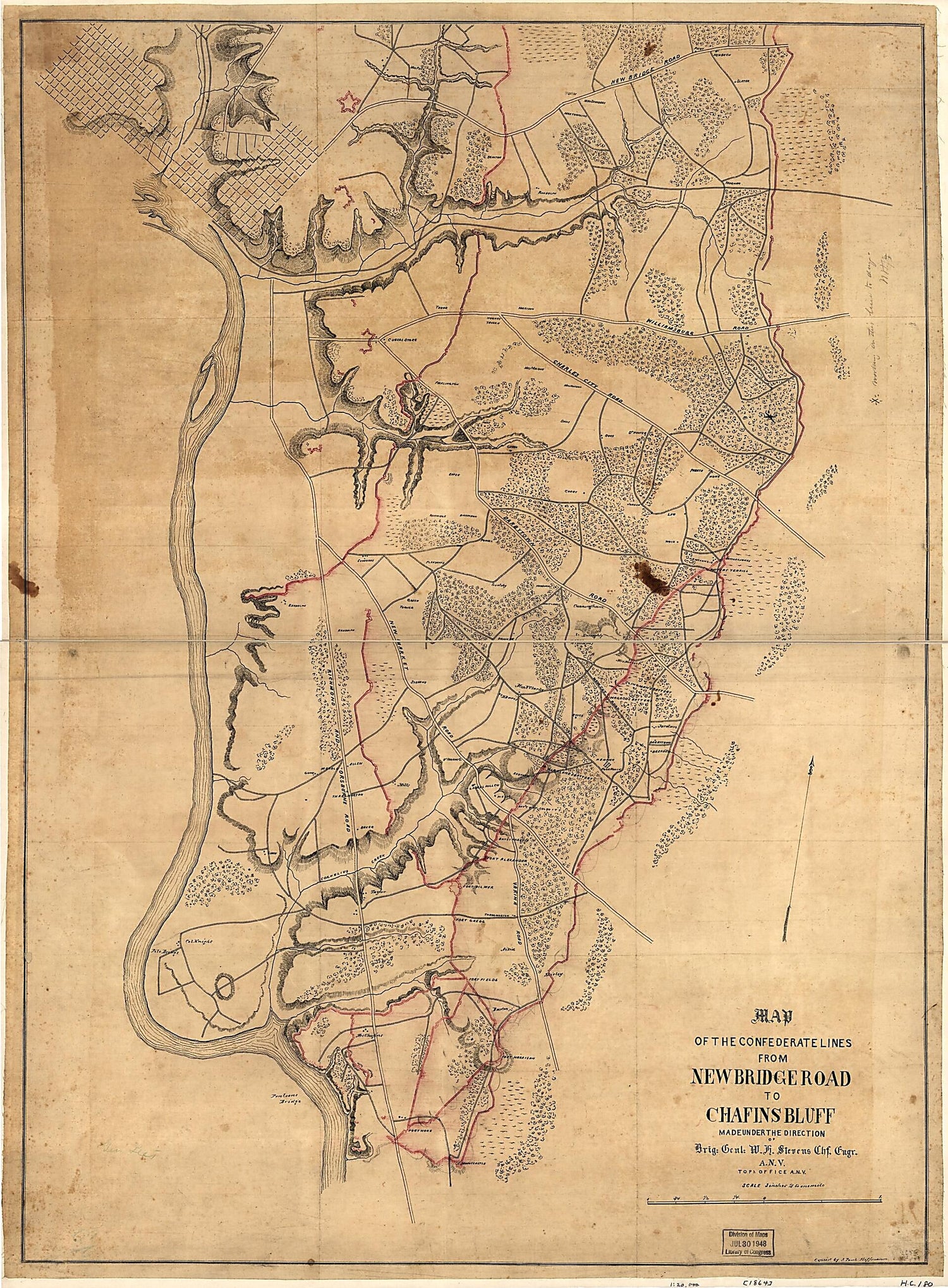 This old map of Map of the Confederate Lines from New Bridge Road to Chafins Bluff from 1864 was created by J. Paul Hoffmann, W. H. (Walter H.) Stevens in 1864