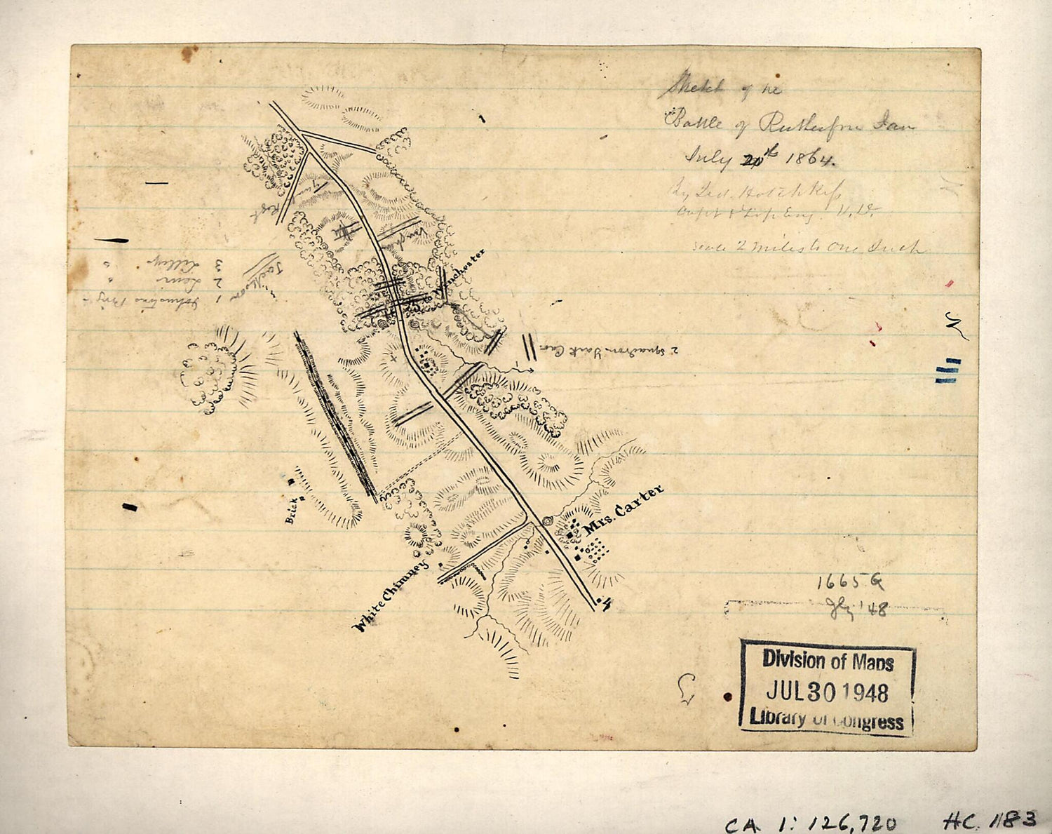 This old map of Sketch of the Battle of Rutherford Farm, July 20th, from 1864 was created by Jedediah Hotchkiss in 1864