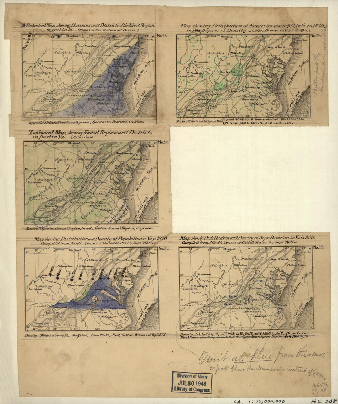 This old map of Five Small Maps of Virginia and Parts of Adjoining States Showing Forest Regions, Distribution of Forests In from 1870, Faunal Regions, Distribution and Density of Population In from 1870, and Density of Negro Population In from 1870 was created by  in 1870