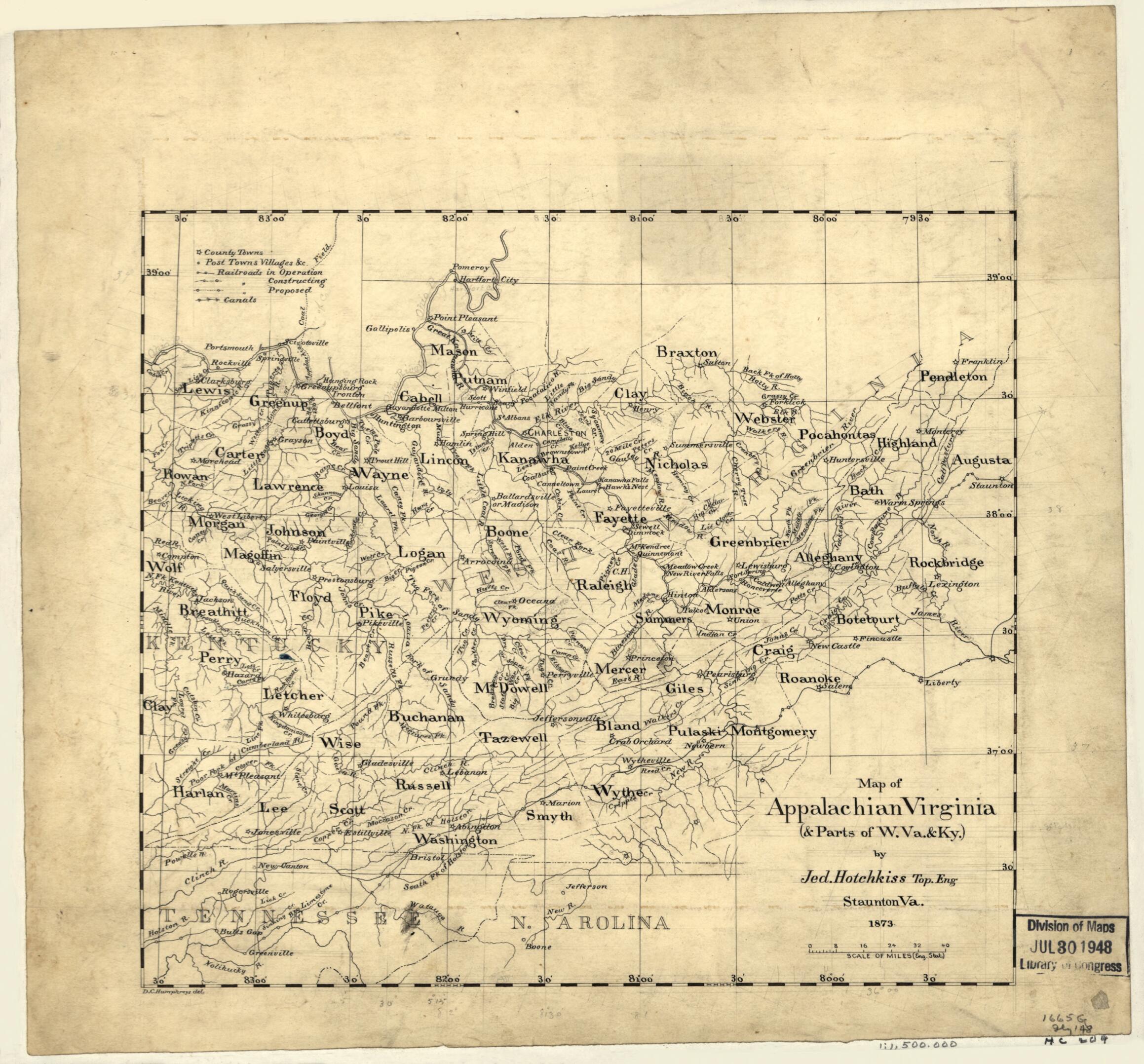 This old map of Map of Appalachian Virginia (&amp; Parts of W. Va. &amp; Ky.) (Map of Appalachian Virginia (and Parts of West Virginia and Kentucky)) from 1873 was created by Jedediah Hotchkiss, D. C. Humphreys in 1873