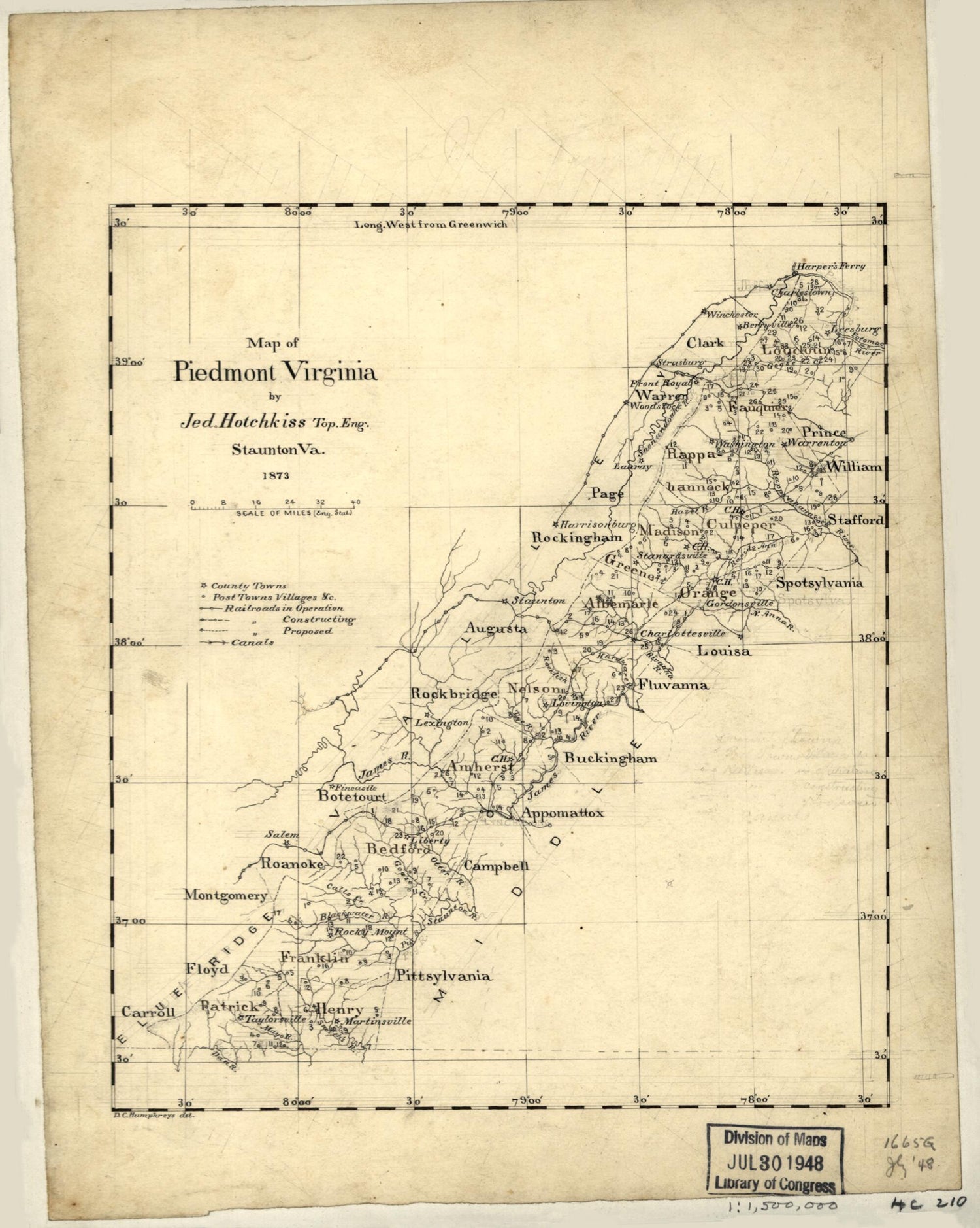 This old map of Map of Piedmont Virginia (Piedmont Virginia) from 1873 was created by Jedediah Hotchkiss, D. C. Humphreys in 1873