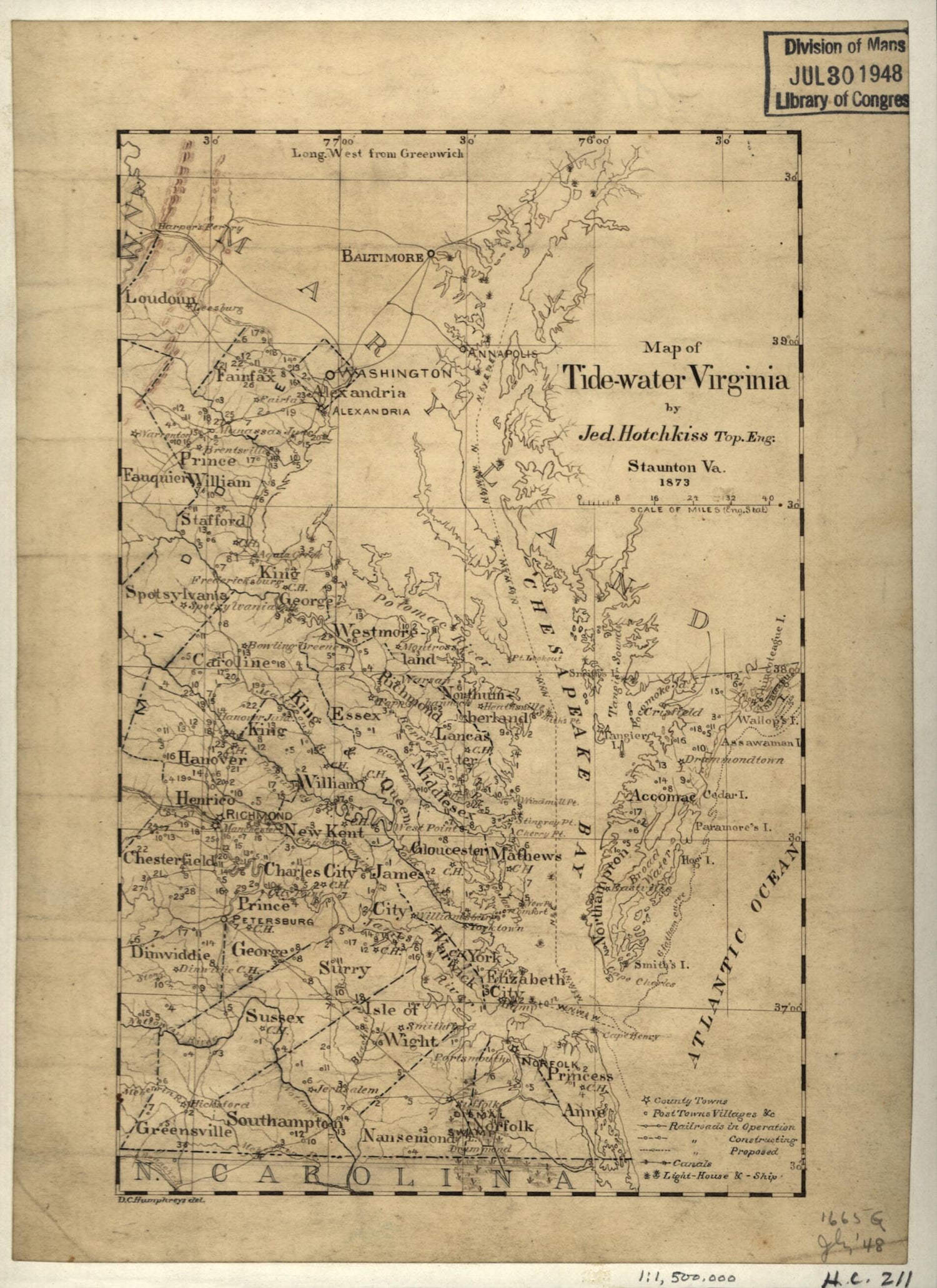 This old map of Water Virginia (Map of Tidewater Virginia) from 1873 was created by Jedediah Hotchkiss in 1873