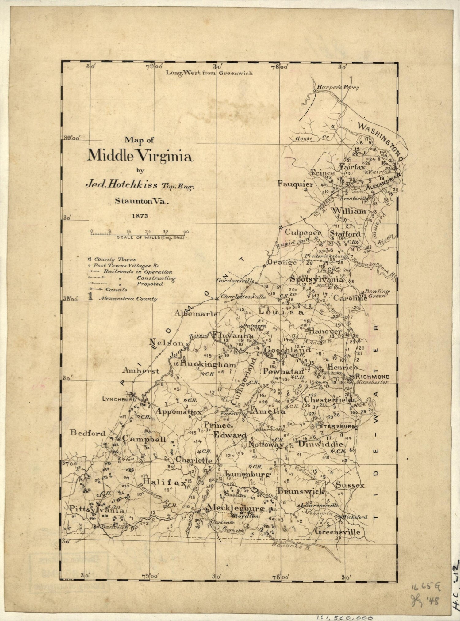 This old map of Map of Middle Virginia (Middle Virginia) from 1873 was created by Jedediah Hotchkiss in 1873