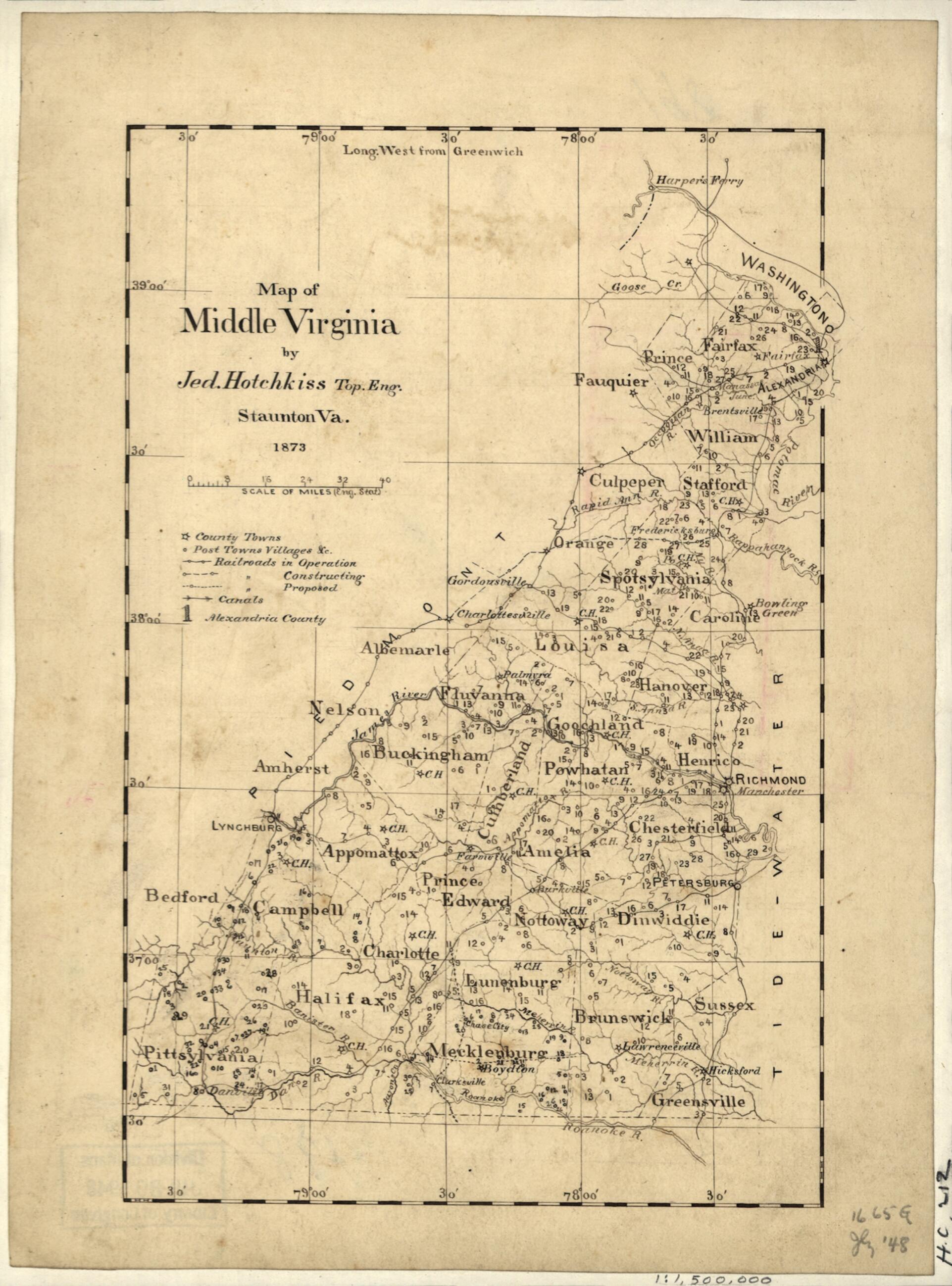 This old map of Map of Middle Virginia (Middle Virginia) from 1873 was created by Jedediah Hotchkiss in 1873