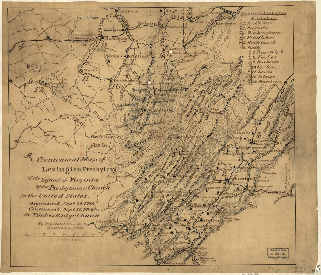 This old map of A Centennial Map of the Lexington Presbytery of the Synod of Virginia of the Presbyterian Church In the United States, Organized Sept. 26, 1786, Centennial Sept. 26, from 1886, at Timber Ridge Church was created by Jedediah Hotchkiss in 1