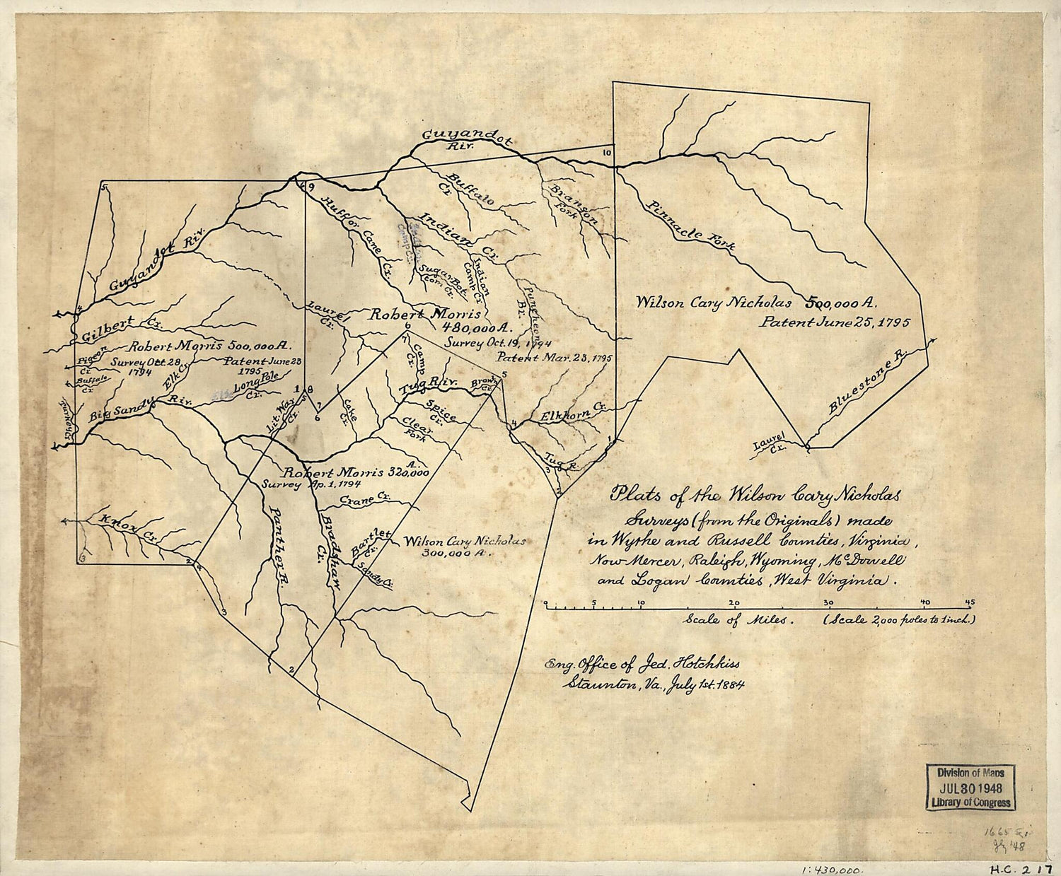 This old map of Plats of the Wilson Cary Nicholas Surveys (from the Originals) Made In Wythe and Russell Counties, Virginia, Now Mercer, Raleigh, Wyoming, McDowell, and Logan Counties, West Virginia from 1795 was created by Jedediah Hotchkiss in 1795