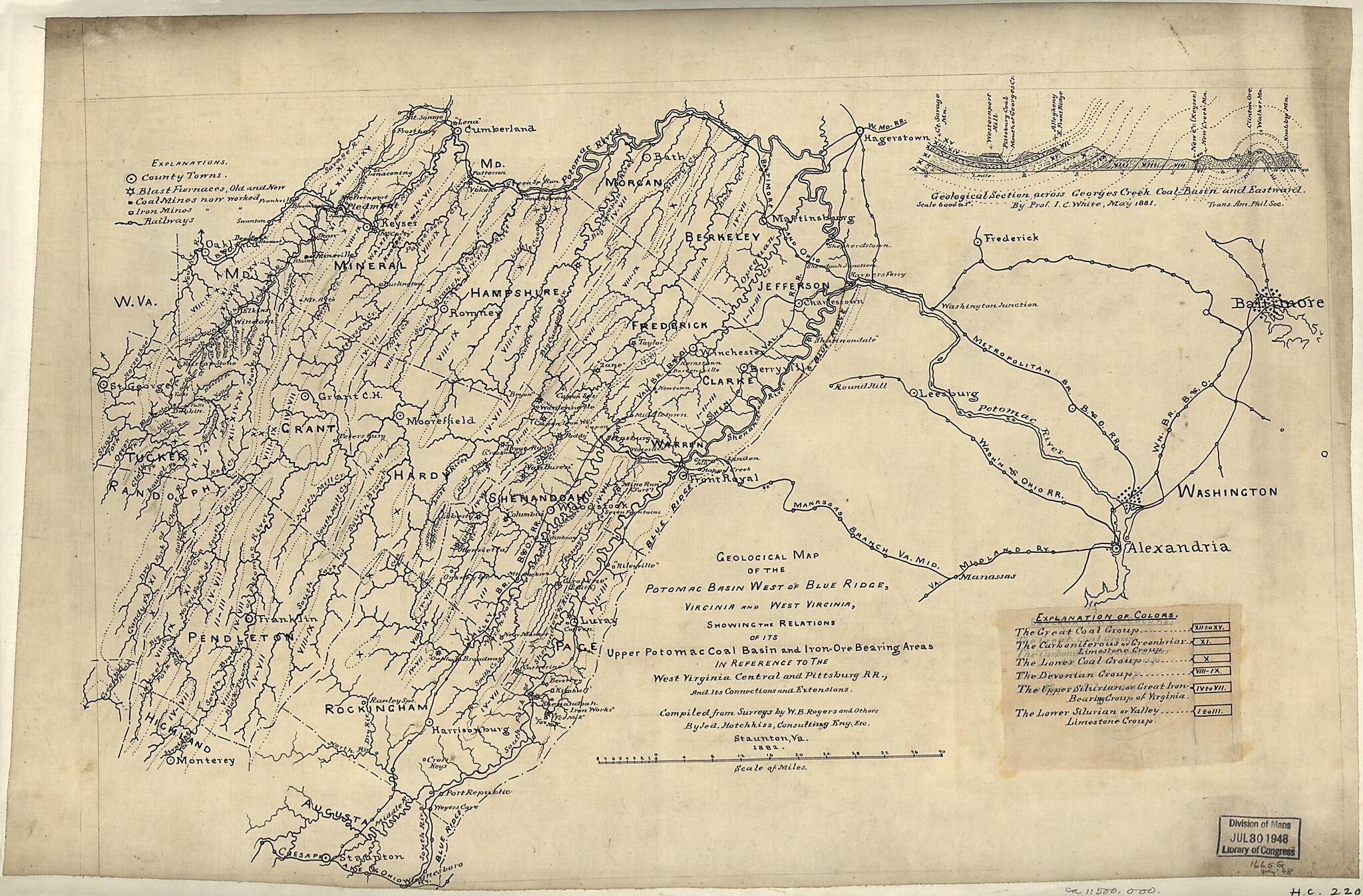 This old map of Ore Bearing Areas In Reference to the West Virginia Central and Pittsburg sic Railroad, and Its Connections and Extensions from 1882 was created by Jedediah Hotchkiss, W. B. Rogers in 1882