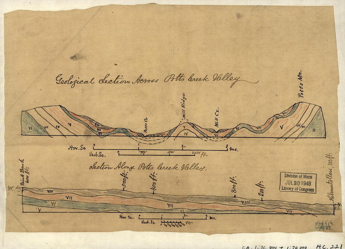 This old map of Geological Section Across Potts Creek Valley ; Section Along Potts Creek Valley from 1880 was created by  in 1880