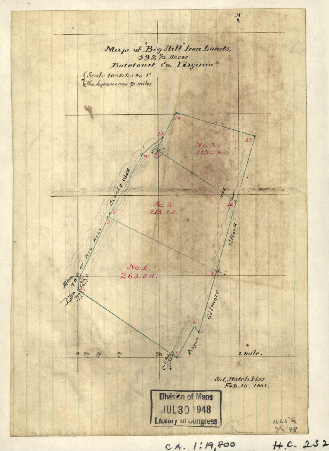 This old map of Map of Big Hill Iron Lands, 592 1/2 Acres, Botetourt Co., Virginia from 1881 was created by Jedediah Hotchkiss in 1881