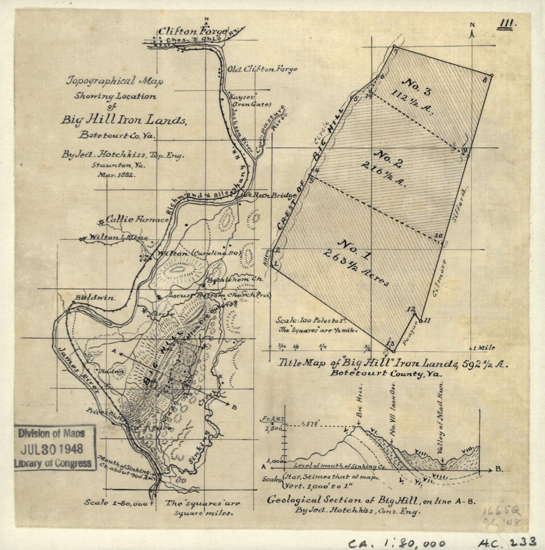 This old map of Topographical Map Showing the Location of Big Hill Iron Lands, Botetourt Co., Va from 1882 was created by Jedediah Hotchkiss in 1882