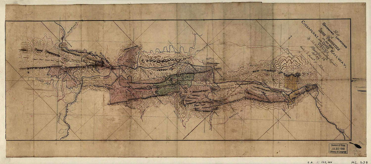 This old map of Map Showing Locations of Iron Properties On and Near Chesapeake and Ohio Railway, Virginia from 1879 was created by Jedediah Hotchkiss in 1879