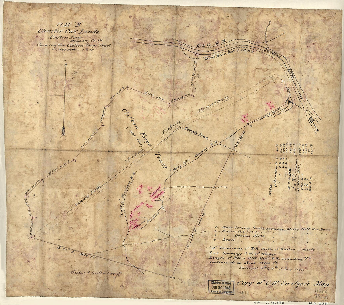 Plat B, Charter Oak Lands, Clifton Forge, Alleghany County, Va., Showing the Clifton Forge Tract of 1695 Acrs., 1 to 15 1893 by Relic Map Company