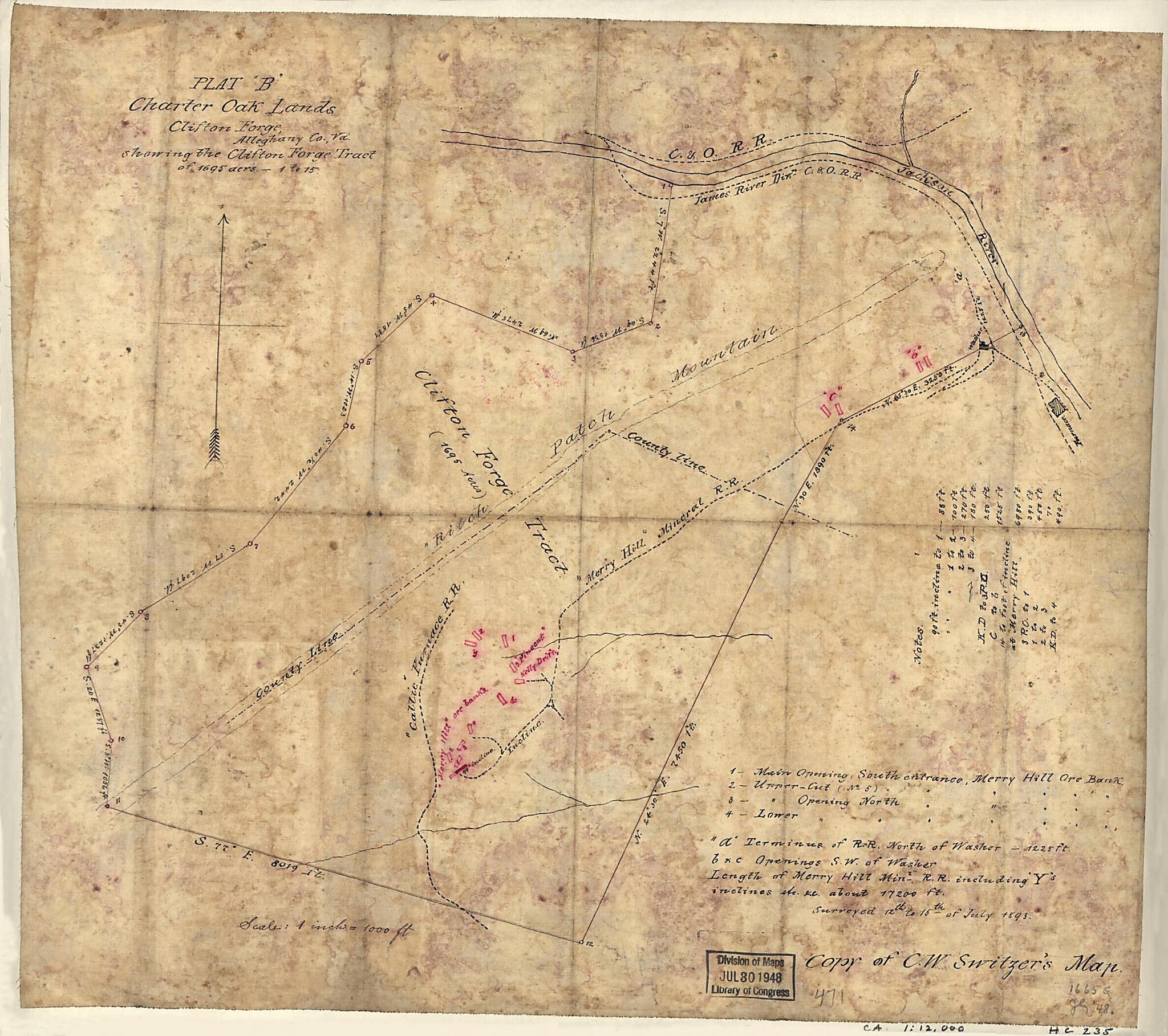 This old map of Plat B, Charter Oak Lands, Clifton Forge, Alleghany County, Va., Showing the Clifton Forge Tract of 1695 Acrs., 1 to 15 from 1893 was created by C. W. Switzer in 1893
