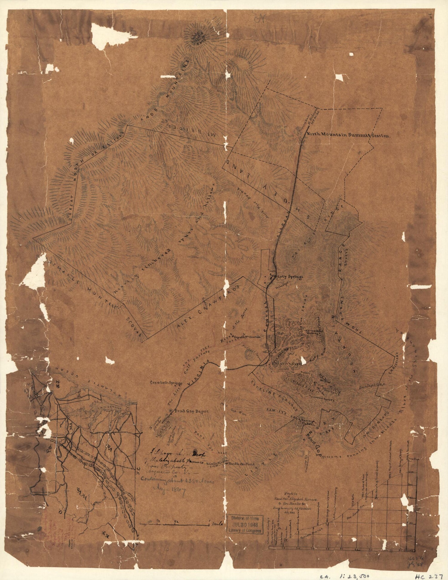 This old map of A Topographical Map of the Elizabeth Furnace Iron Property, Augusta Co., Va., Containing About 6250 Acres, Aug. from 1867 was created by Jedediah Hotchkiss in 1867