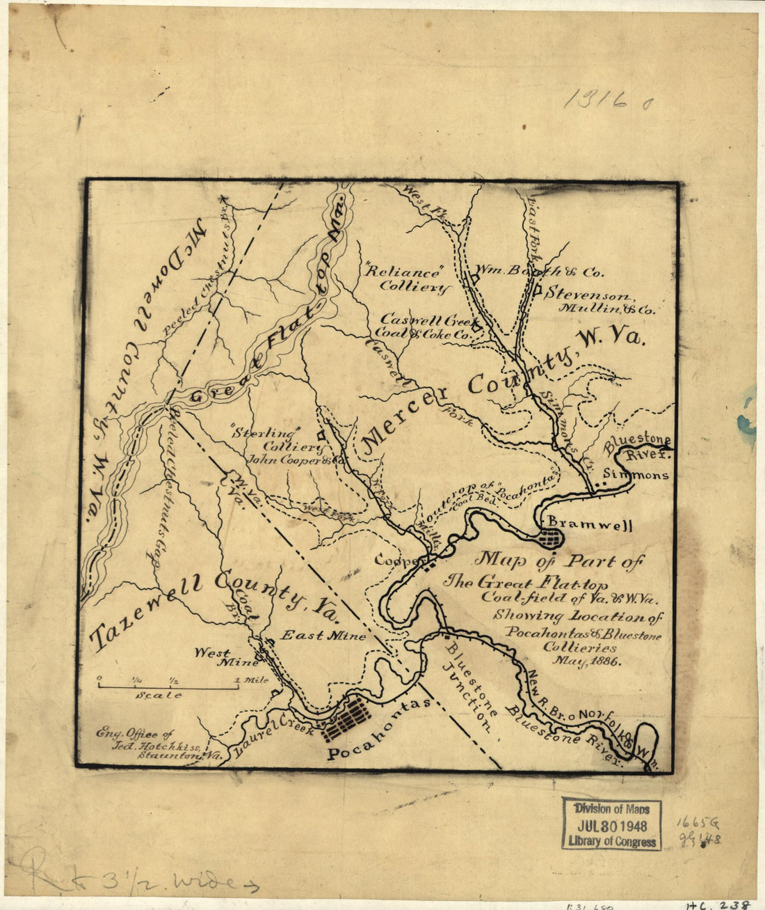 This old map of Top Coal-field of Va. &amp; W. Va. Showing Location of Pocahontas &amp; Bluestone Collieries, May from 1886 was created by Jedediah Hotchkiss in 1886