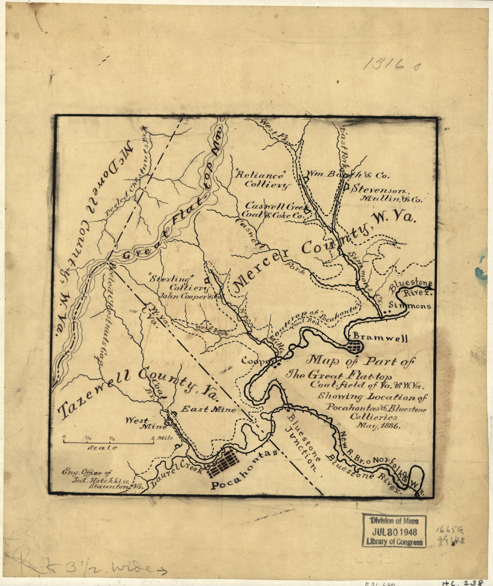 This old map of Top Coal-field of Va. &amp; W. Va. Showing Location of Pocahontas &amp; Bluestone Collieries, May from 1886 was created by Jedediah Hotchkiss in 1886