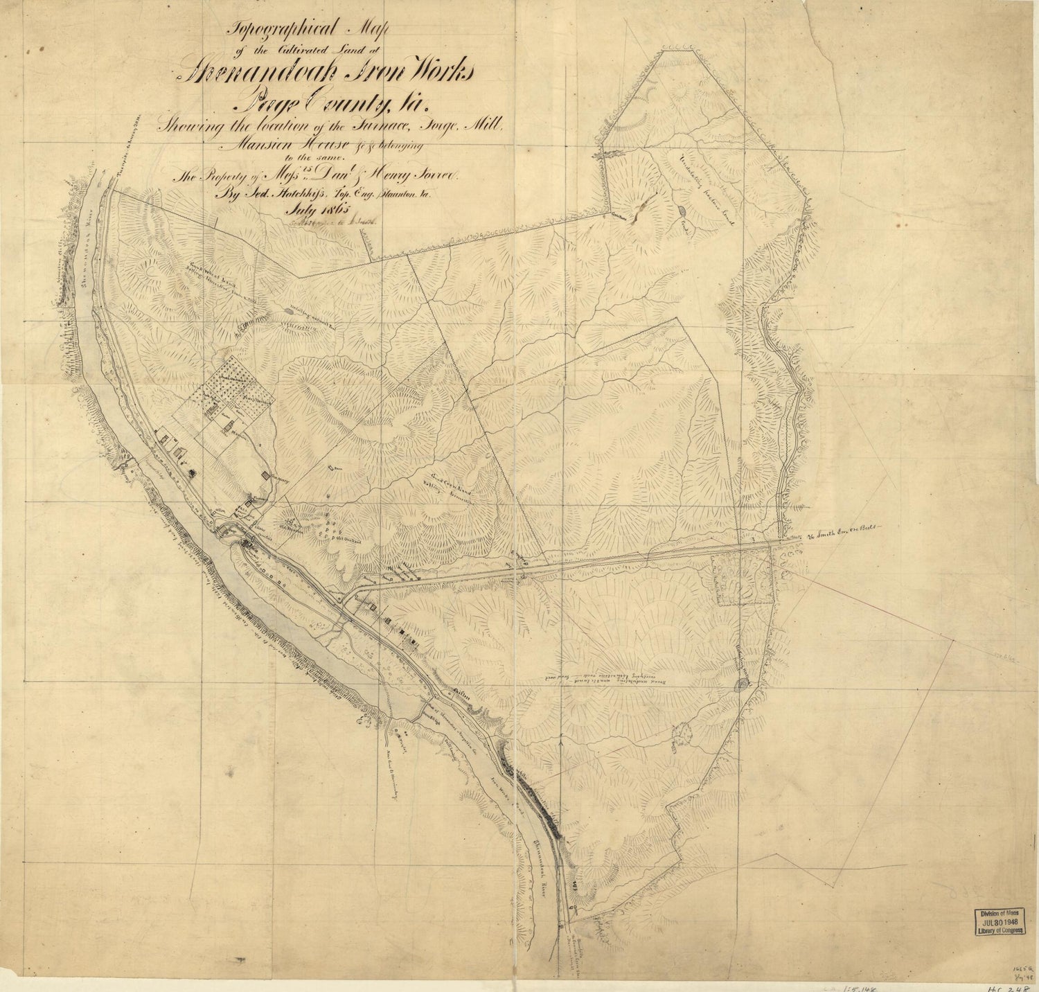 This old map of Topographical Map of the Cultivated Land at Shenandoah Iron Works, Page County, Va. : Showing the Location of the Furnace, Forge, Mill, Mansion House &amp;c. &amp;c. Belonging to the Same : the Property of Messrs. Dan&