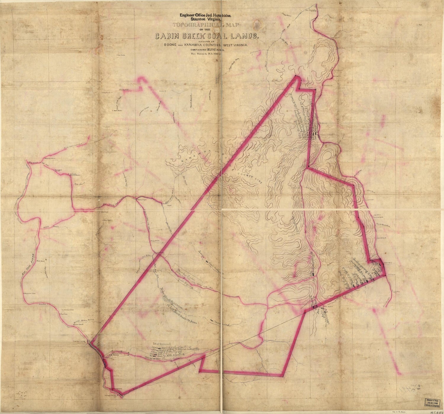 This old map of Topographical Map of the Cabin Creek Coal Lands, Situated In Boone and Kanawha Counties, West Virginia : Containing 15,532 Acres from 1880 was created by Jedediah Hotchkiss, M. A. Miller in 1880