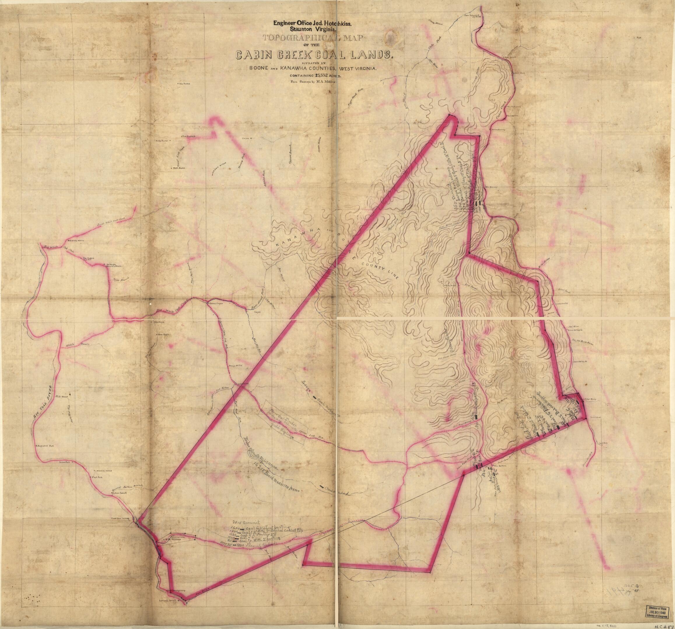 This old map of Topographical Map of the Cabin Creek Coal Lands, Situated In Boone and Kanawha Counties, West Virginia : Containing 15,532 Acres from 1880 was created by Jedediah Hotchkiss, M. A. Miller in 1880