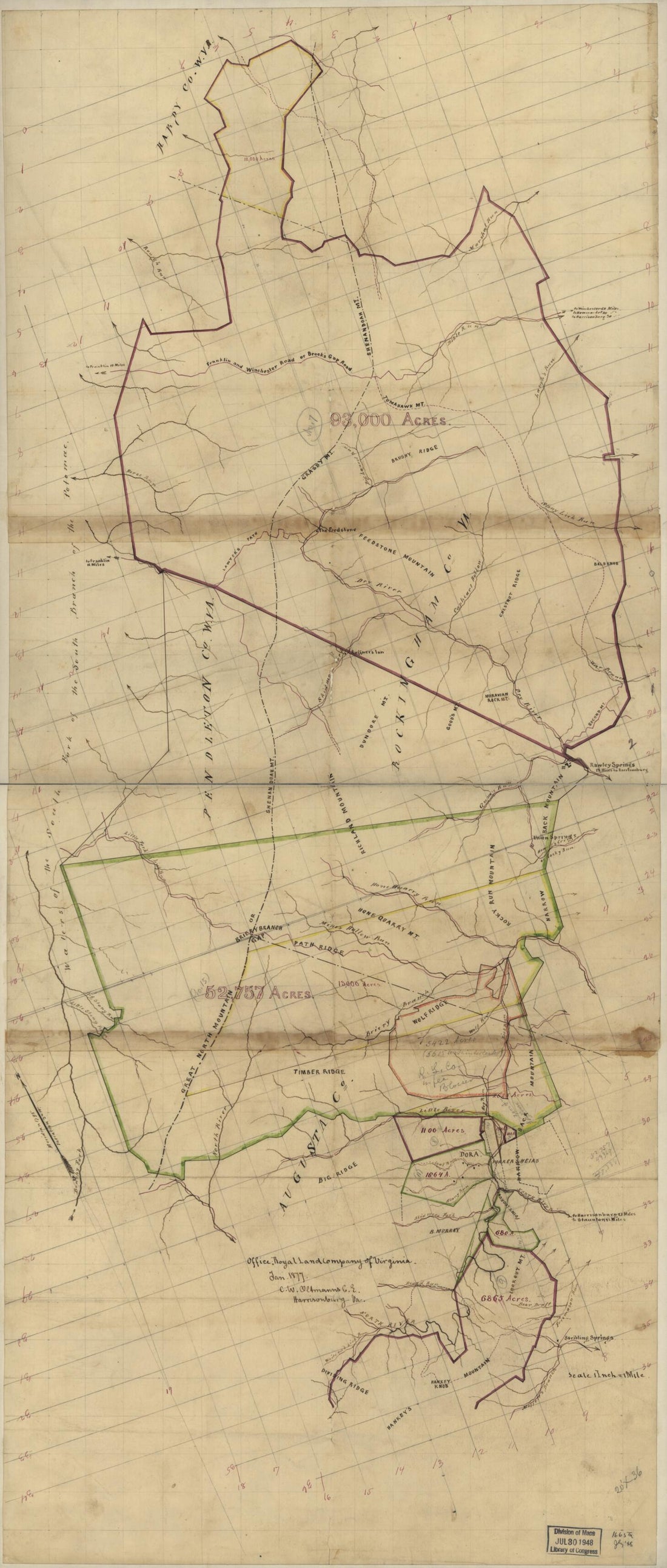 This old map of Map of Royal Land Company of Virginia Lands In Rockingham, and Augusta Counties Virginia, and Pendleton County, West Virginia from 1877 was created by C. W. Oltmanns,  Royal Land Company in 1877