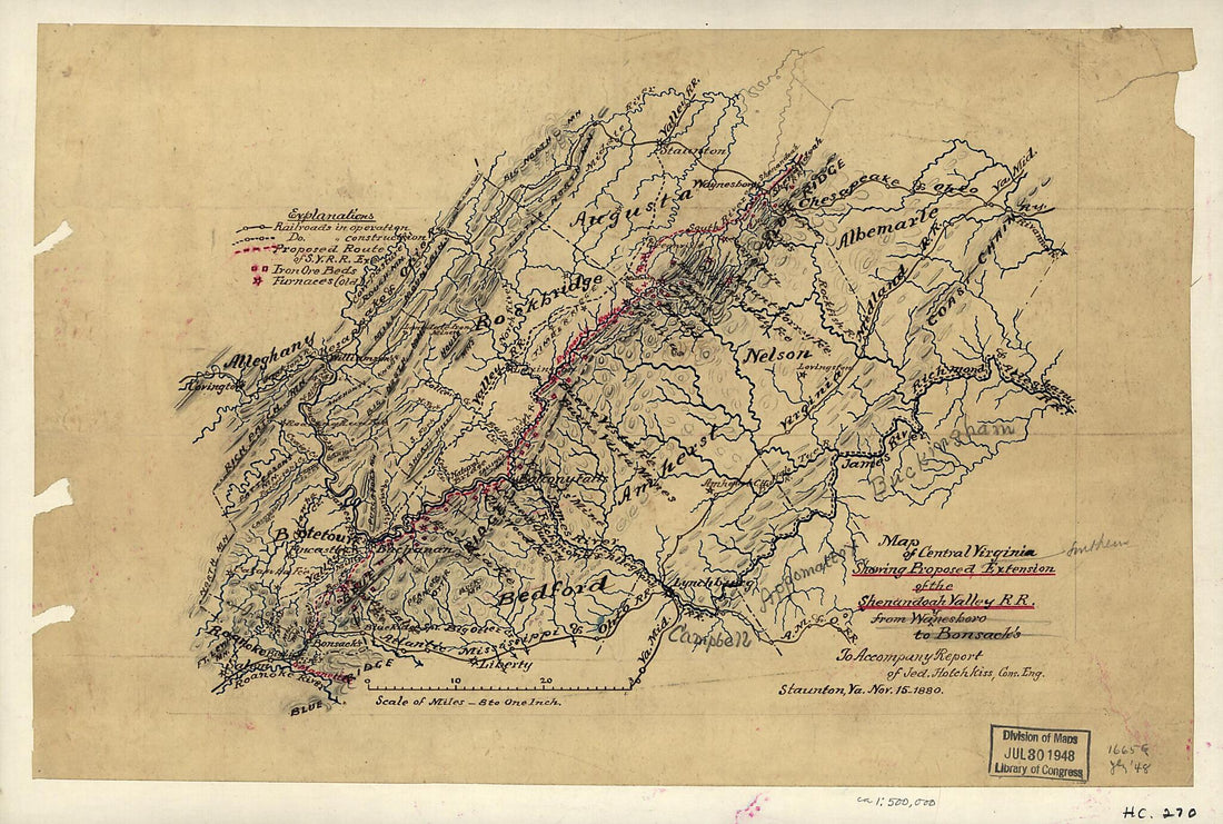 This old map of Map of Central Virginia Showing Proposed Southern Extension of the Shenandoah Valley Railroad from Waynesboro to Bonsack&