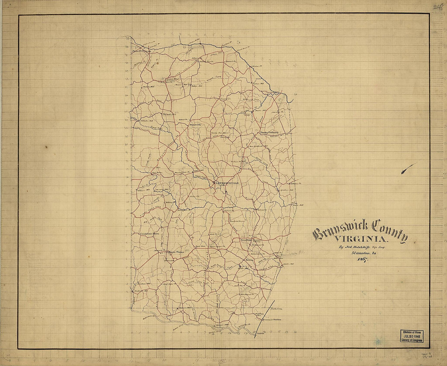 This old map of Brunswick County, Virginia from 1867 was created by Jedediah Hotchkiss in 1867