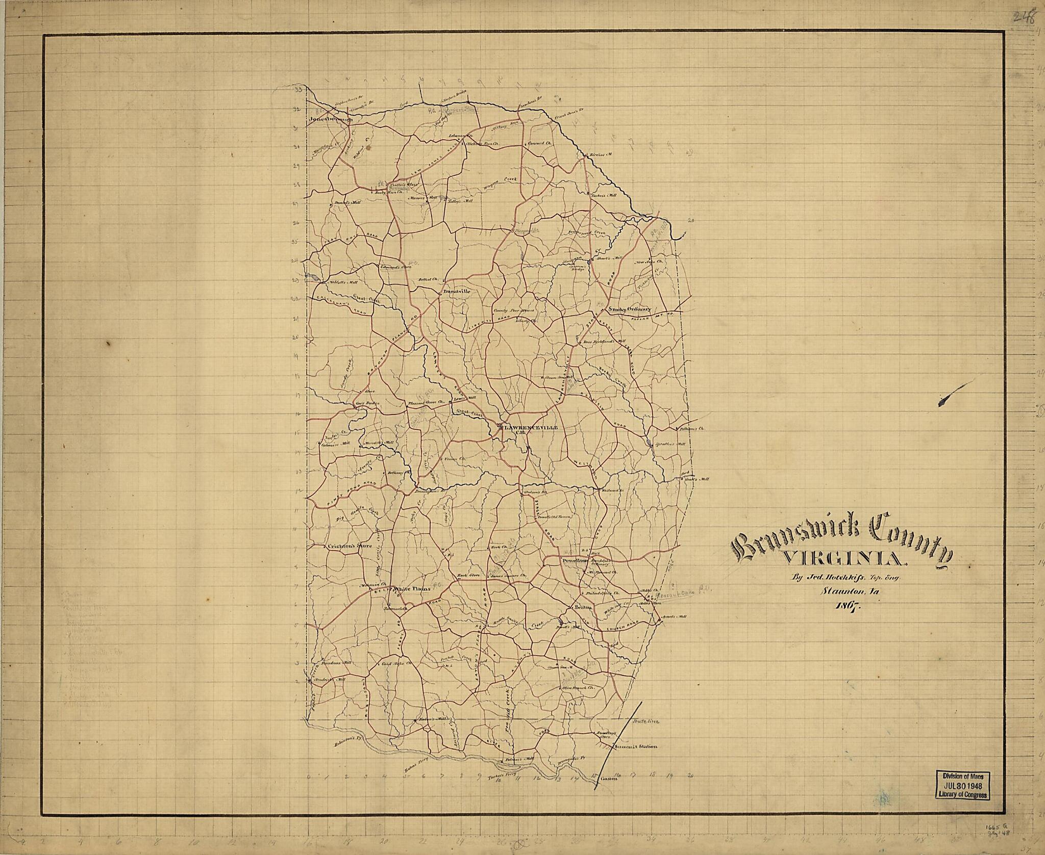 This old map of Brunswick County, Virginia from 1867 was created by Jedediah Hotchkiss in 1867