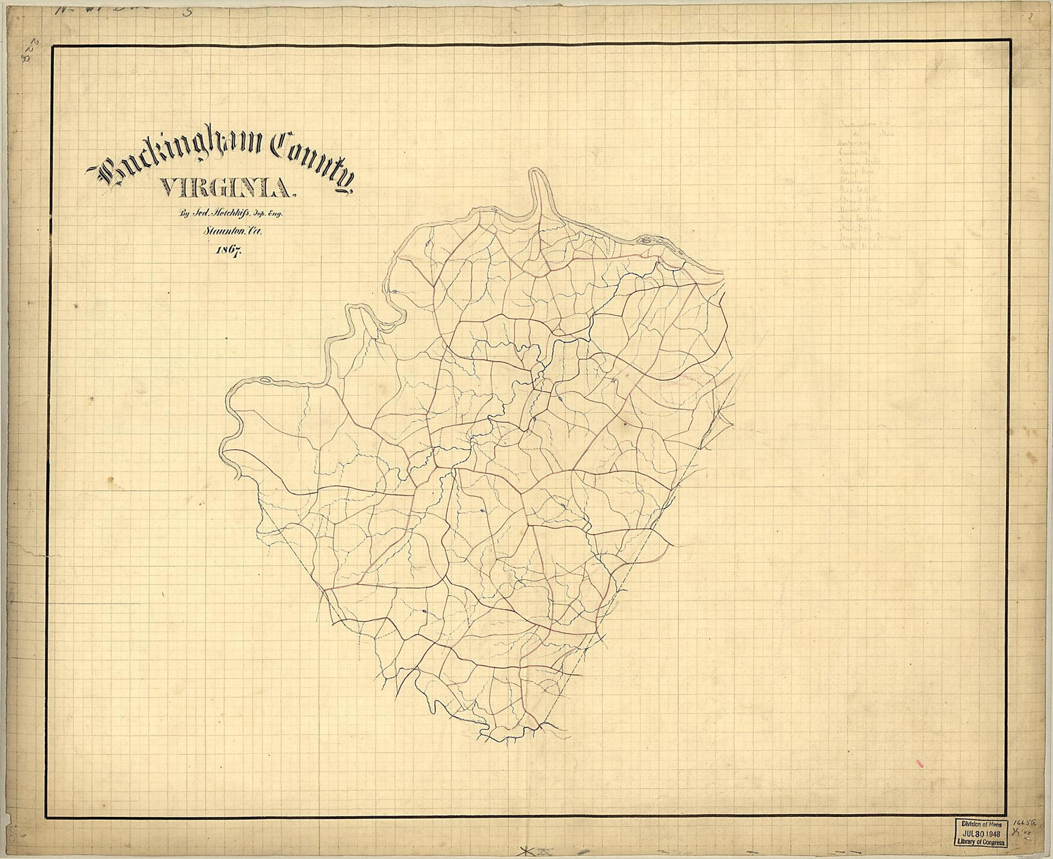This old map of Buckingham County, Virginia from 1867 was created by Jedediah Hotchkiss in 1867